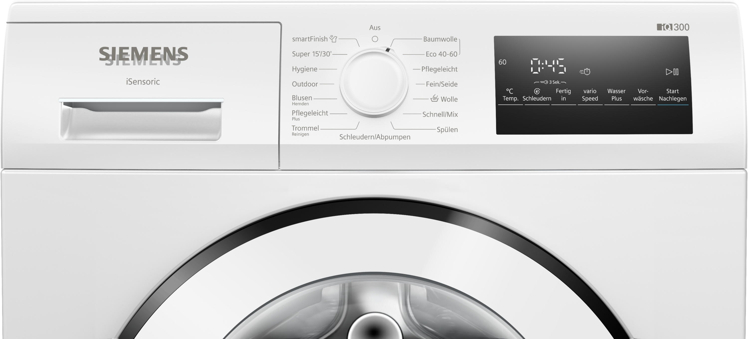 Weiße Siemens Waschmaschine mit Bedienfeld und digitaler Anzeige. Programme und Optionen sind sichtbar.