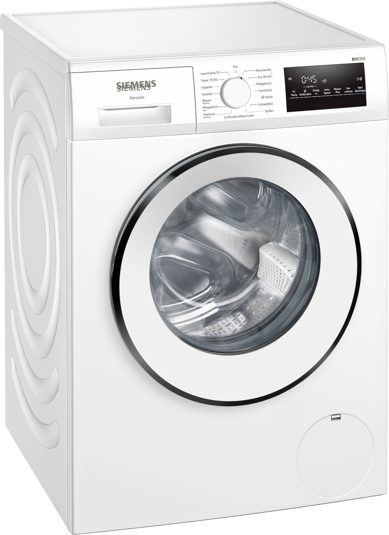 Weiße Siemens Waschmaschine mit digitalem Display und runder Tür.