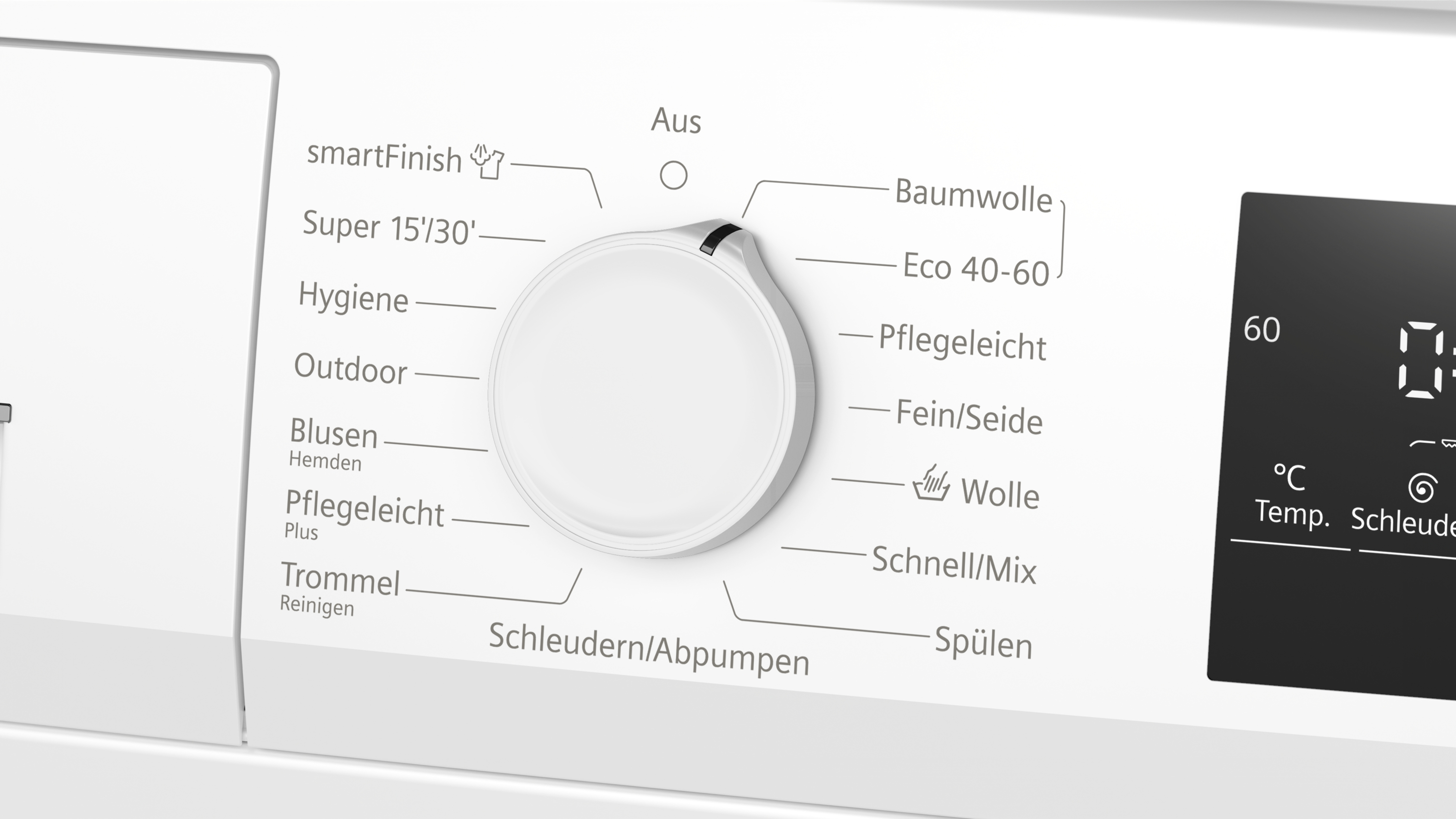 Bedienfeld einer Waschmaschine mit Drehwahlschalter und digitalem Display.
