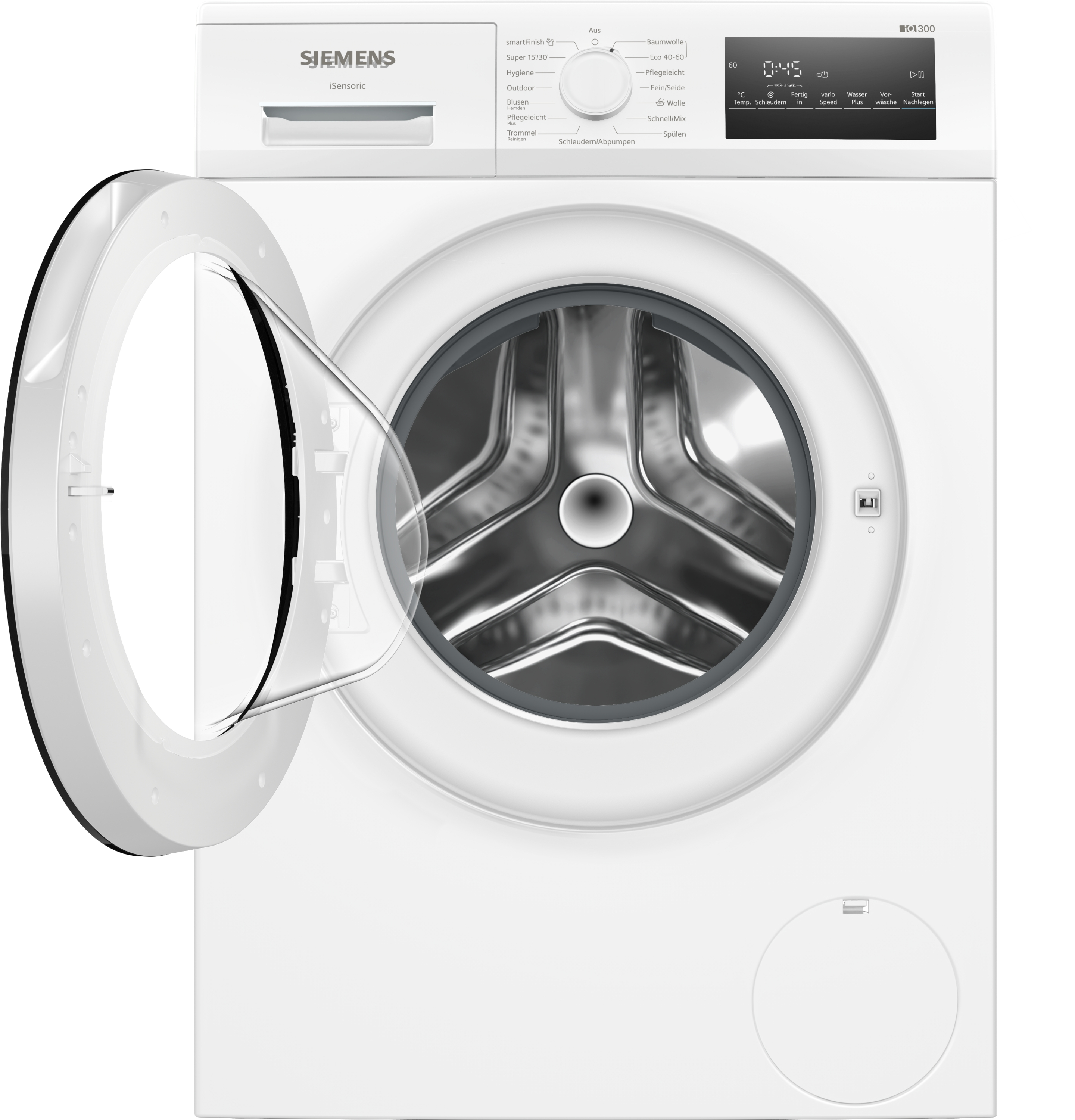 Eine weiße Siemens Waschmaschine mit offener Tür und einem digitalen Display.
