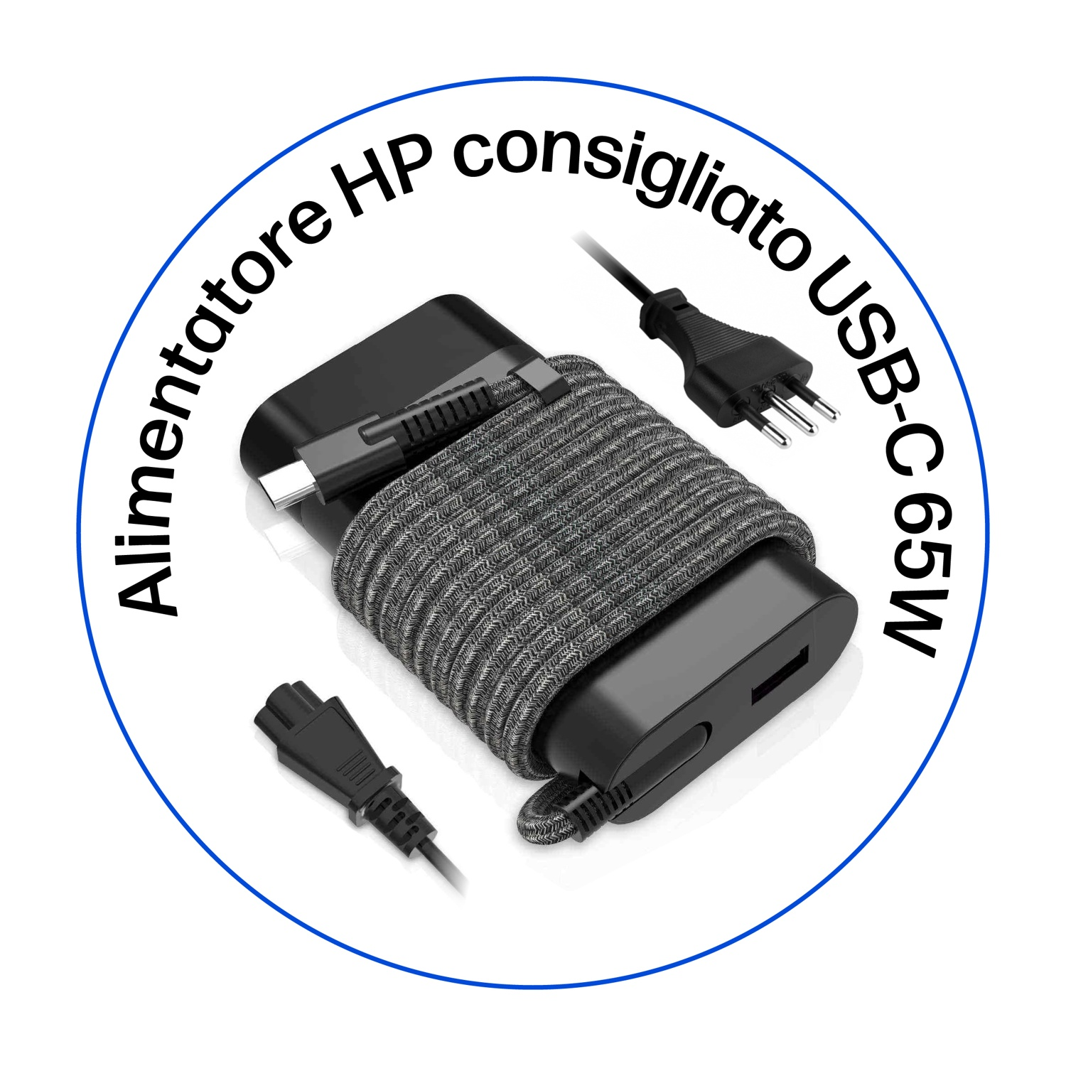 Alimentatore HP USB-C 65W nero con cavo grigio e due spine.