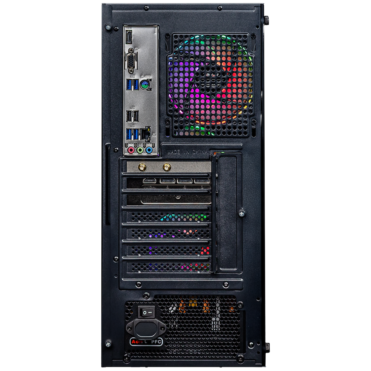Back of black PC case showing ports, fans with RGB lighting, and power switch.