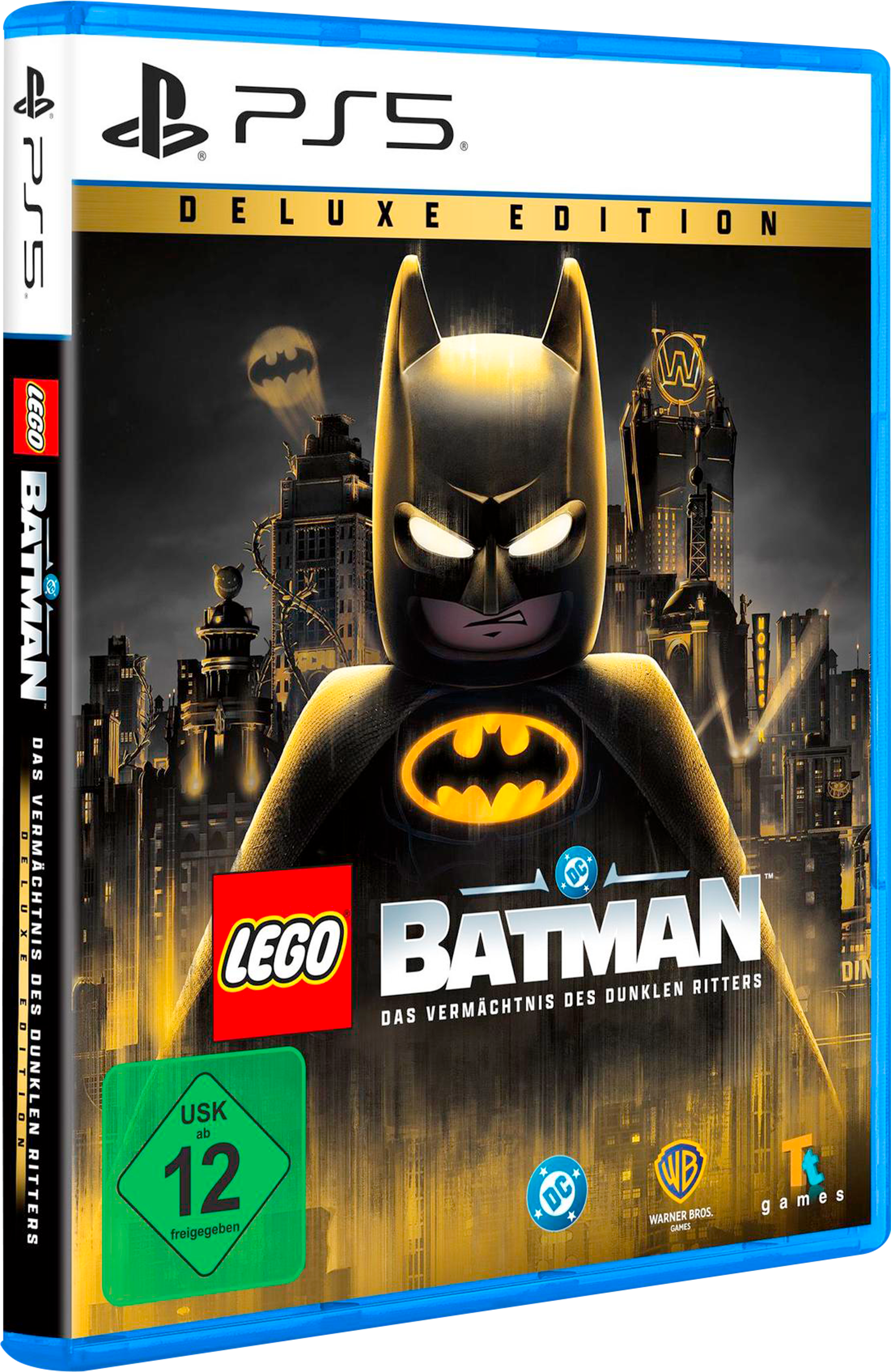 PS5 Hülle mit Lego Batman Deluxe Edition. Batman im Vordergrund, Stadtkulisse im Hintergrund.