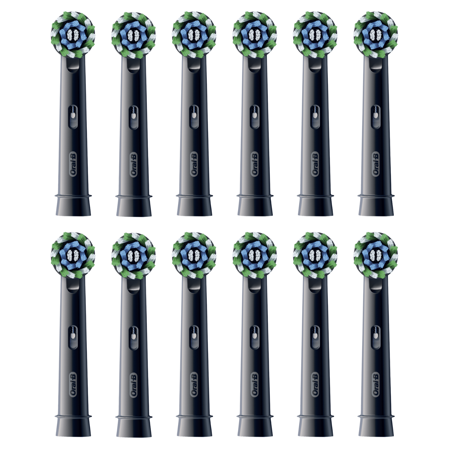 Doce cabezales negros Oral-B con cerdas azules y verdes.