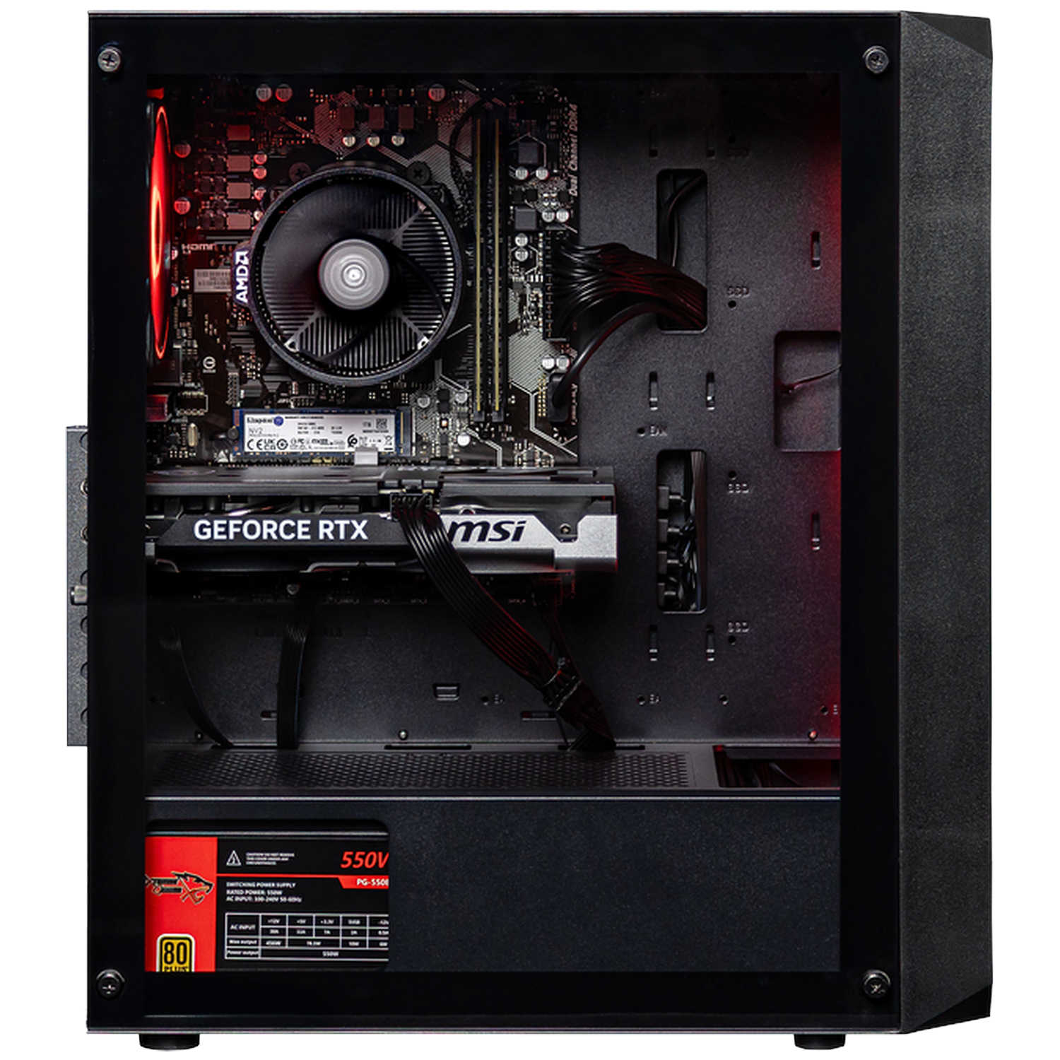 Open PC case with fans, graphics card, SSD, and power supply, featuring red lighting.