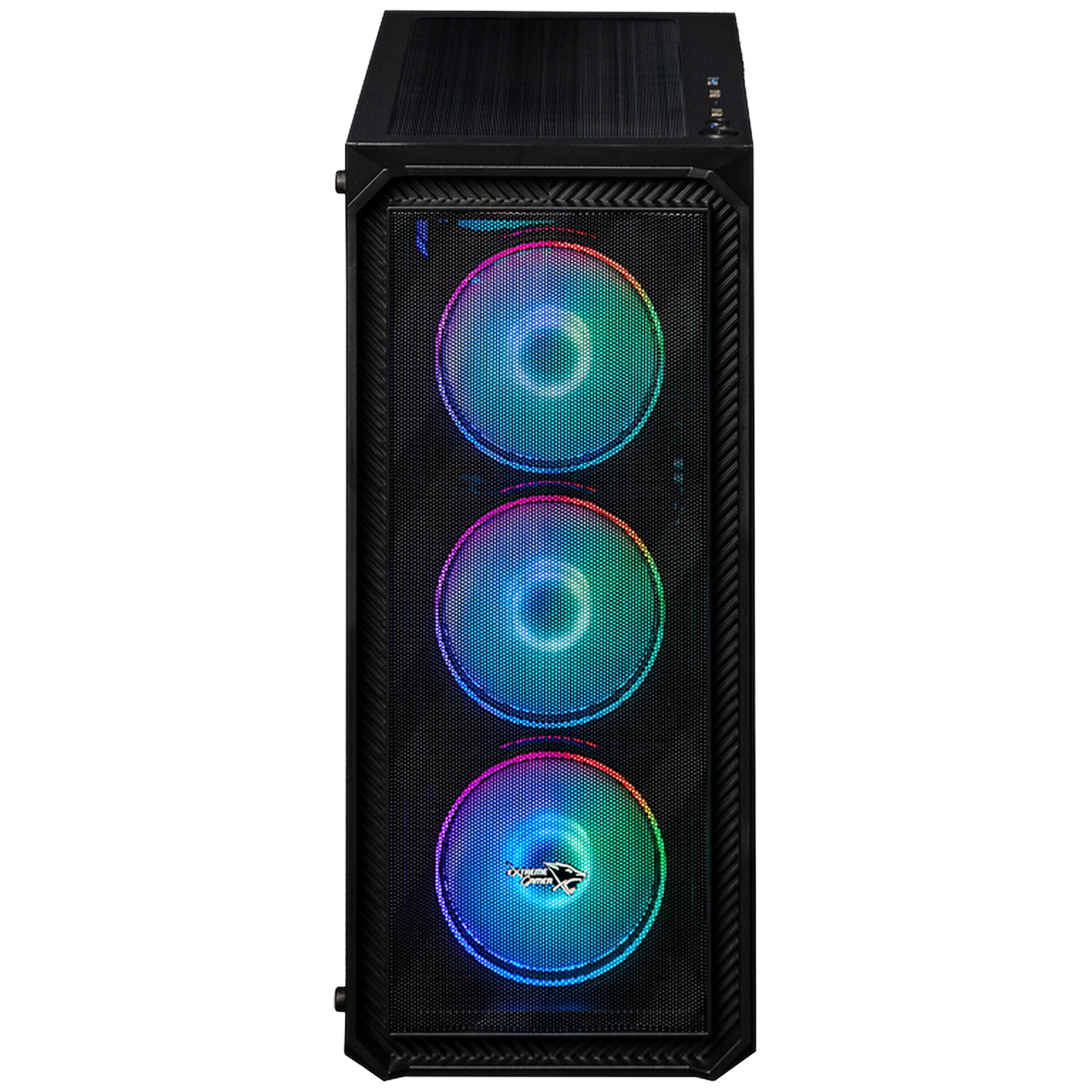 Black computer case with three RGB illuminated fans on the front.