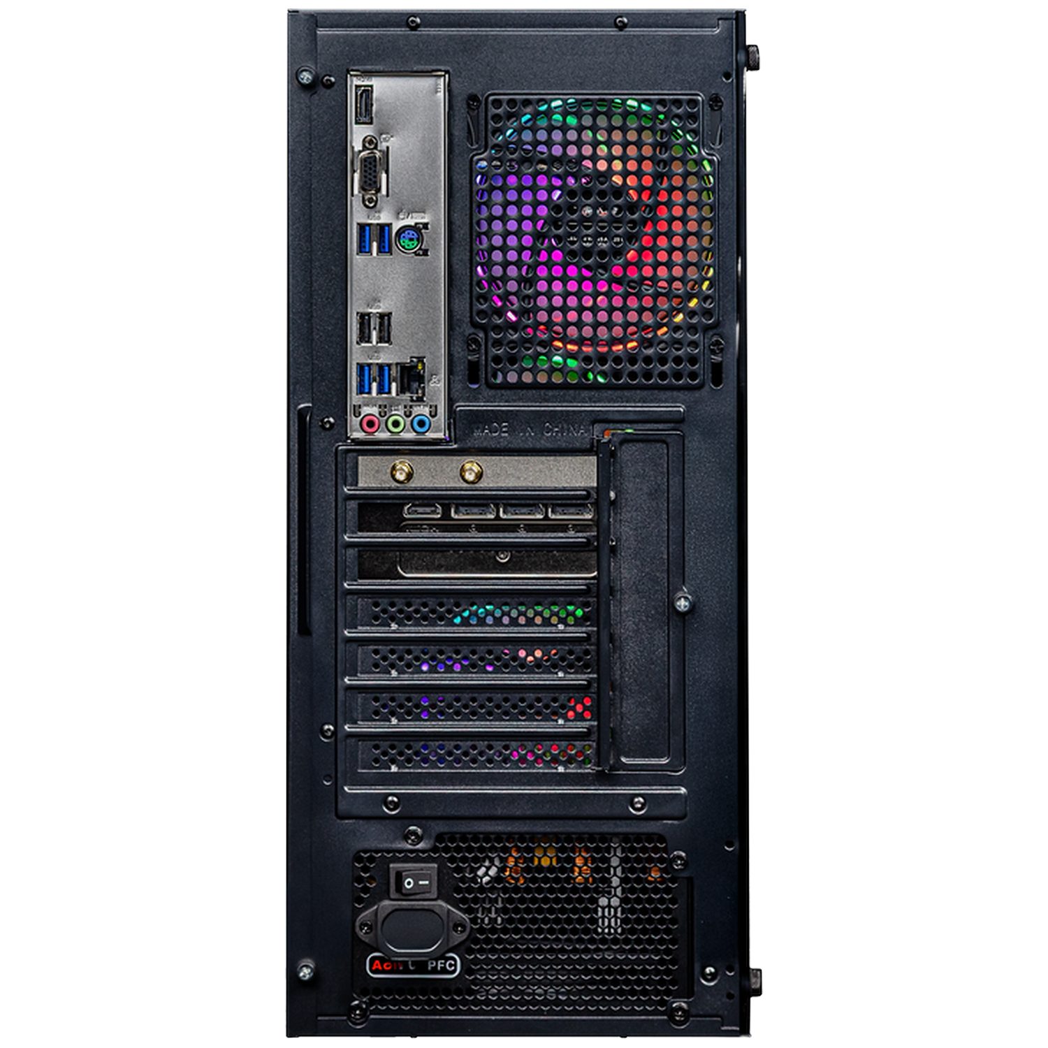 Back of a PC case with ports, RGB fan, and power switch.