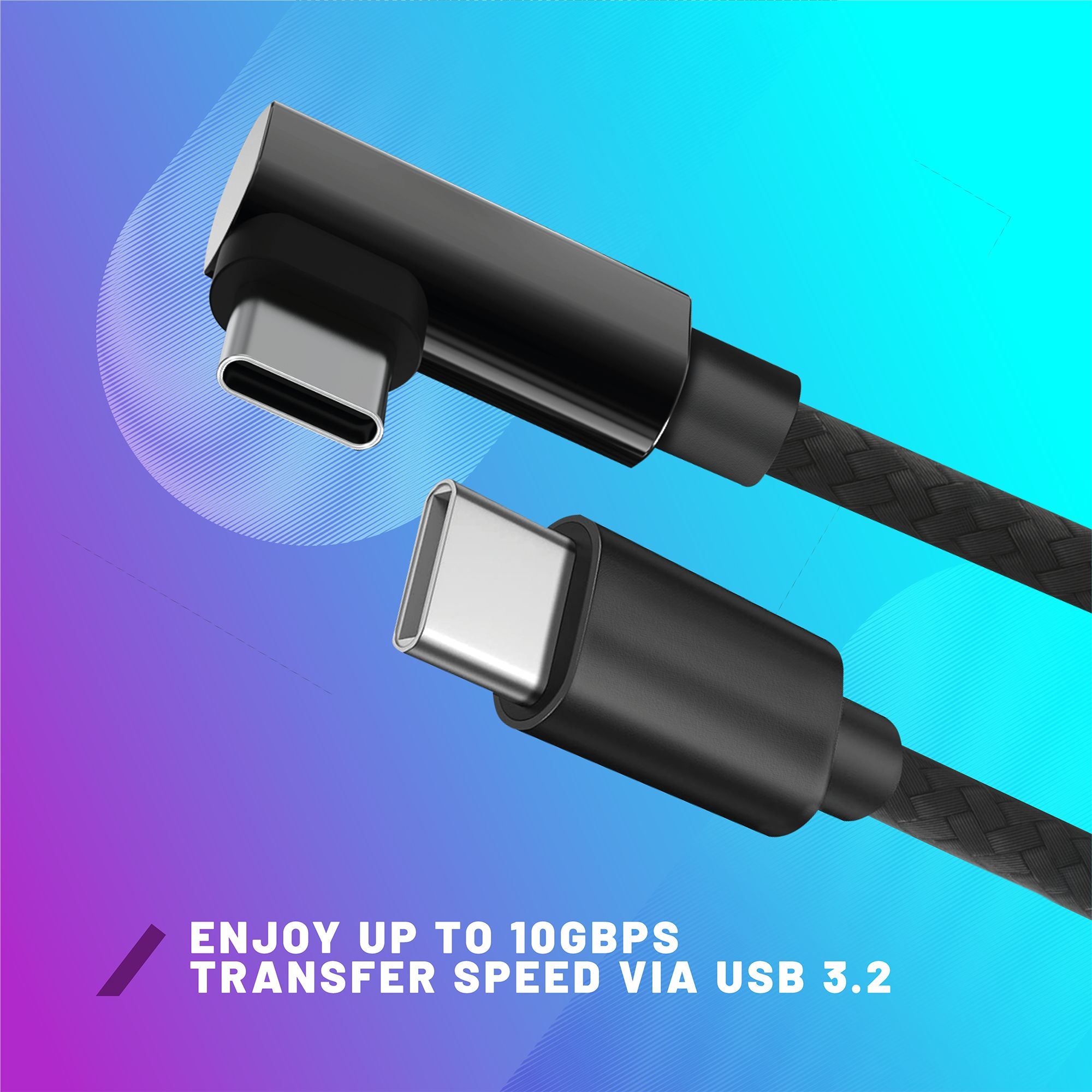 Zwei schwarze USB-C-Kabel mit silbernen Anschlüssen auf blau-violettem Hintergrund.