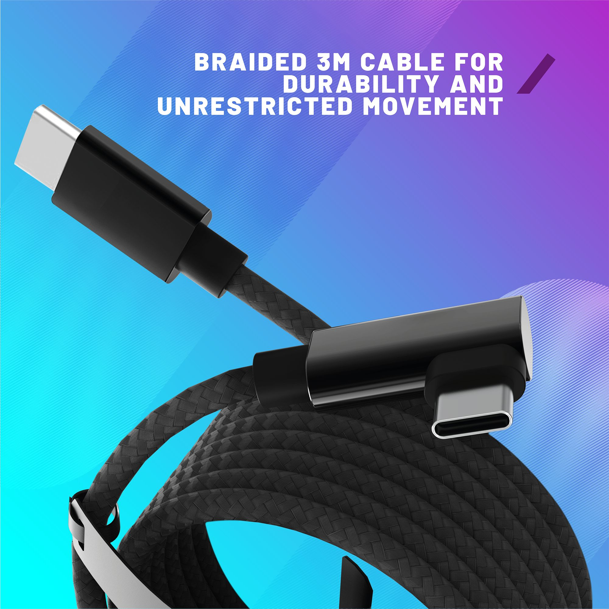 Geflochtenes 3m Kabel mit USB-C-Steckern für Haltbarkeit und Bewegungsfreiheit.