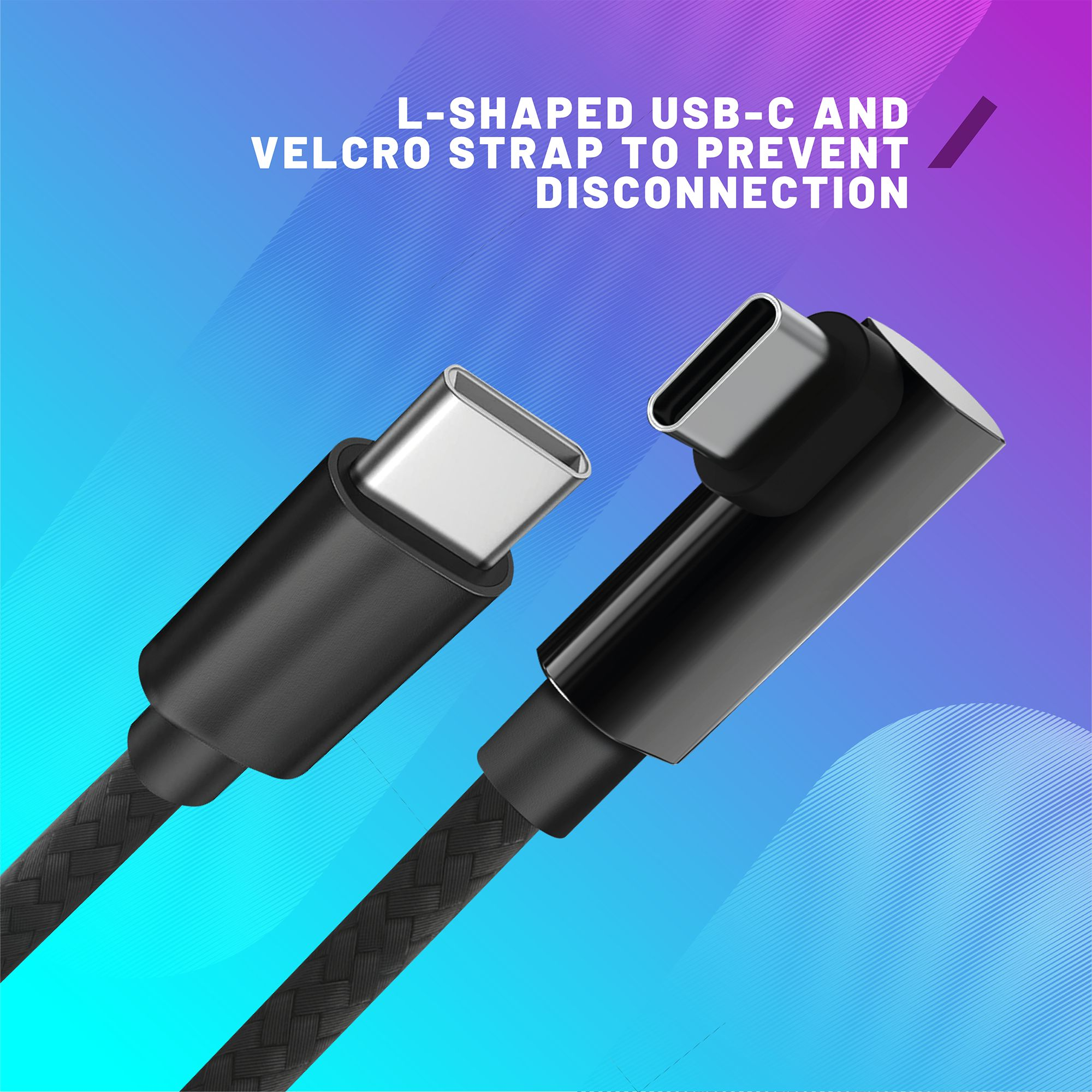 L-förmiger USB-C-Stecker mit Klettband zur Verhinderung von Trennung.