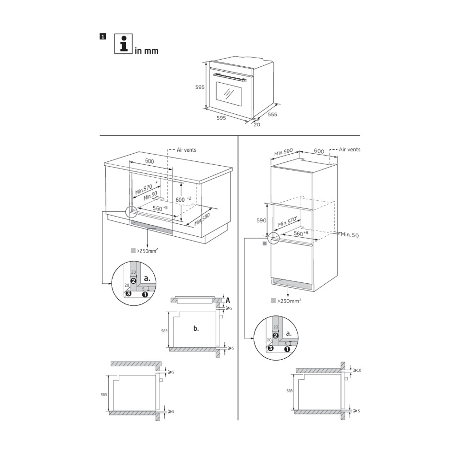 Schema di installazione di un forno con dimensioni e dettagli di ventilazione.