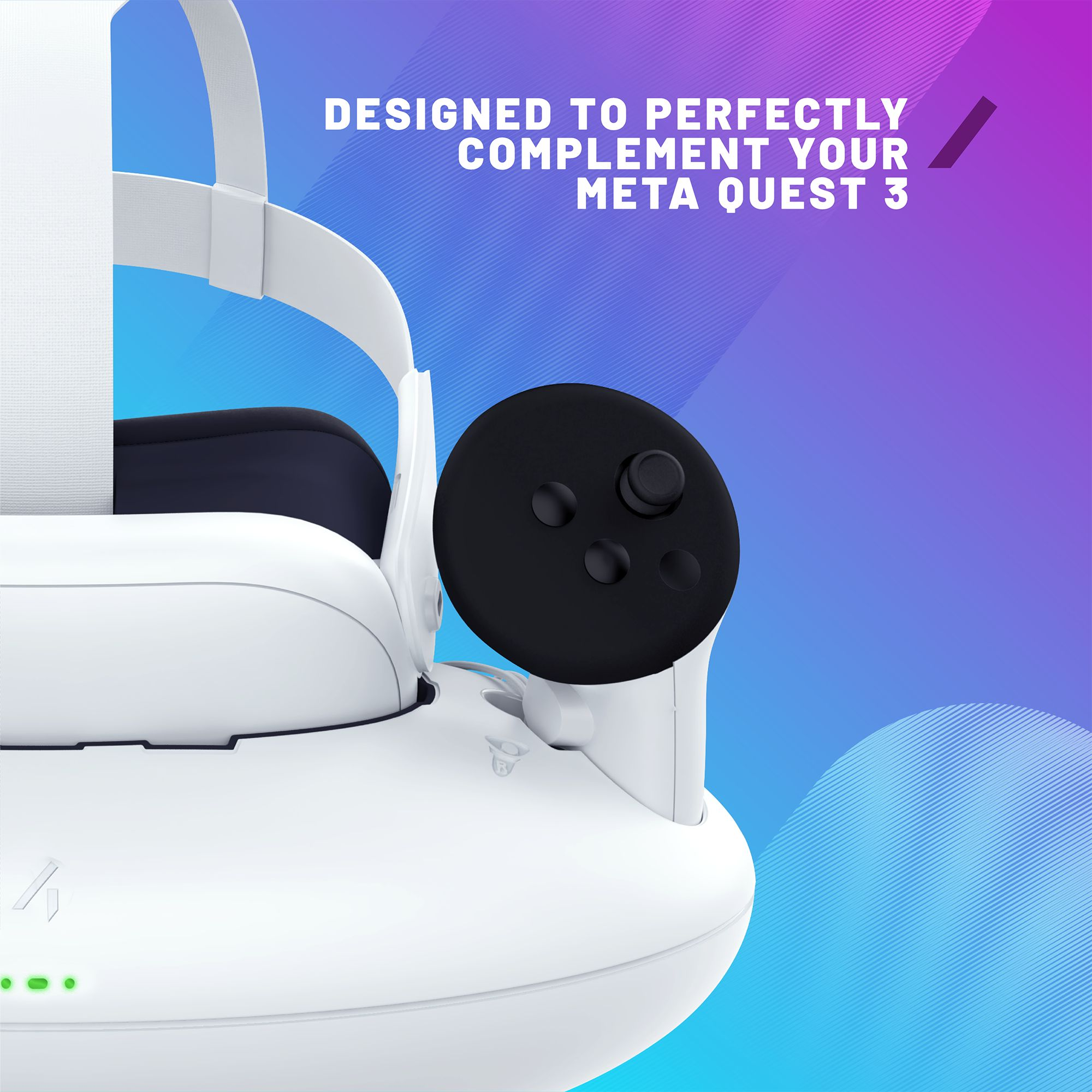 Ein weißes Meta Quest 3 Headset mit schwarzem Controller-Aufsatz auf blau-violetter Hintergrundgrafik.