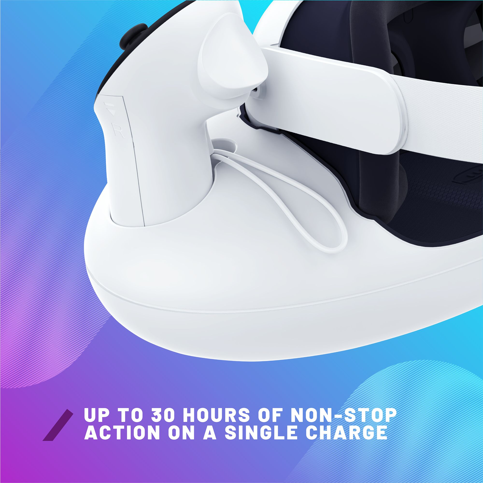 Ein weißes VR-Headset mit blauem und lila Hintergrund. Bis zu 30 Stunden Akkulaufzeit.