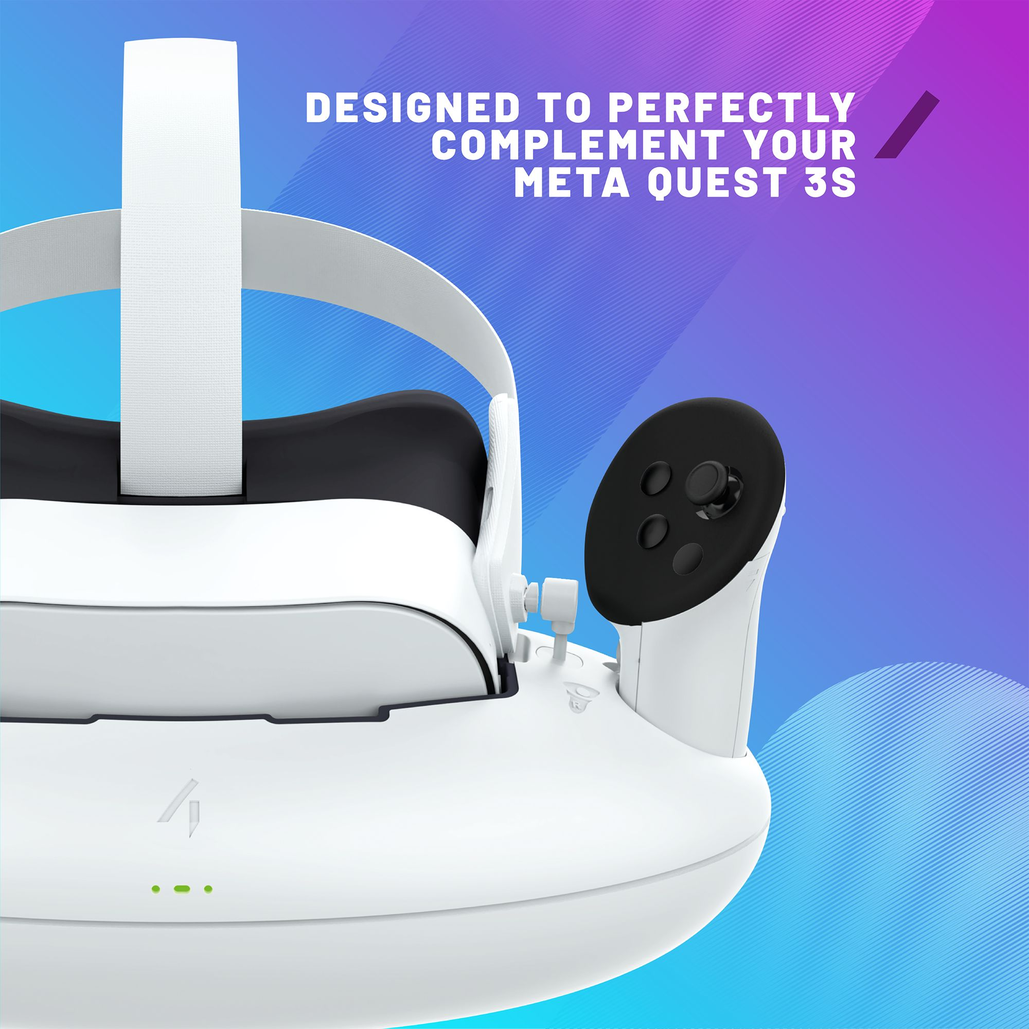 Ein weißes VR-Headset mit schwarzem Controller vor einem Farbverlauf von Blau zu Lila.