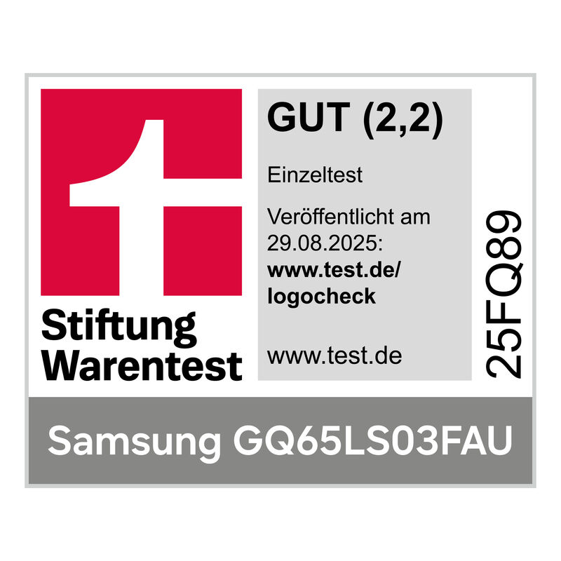 Stiftung Warentest Siegel für Samsung GQ65LS03FAU, Note GUT (2,2).