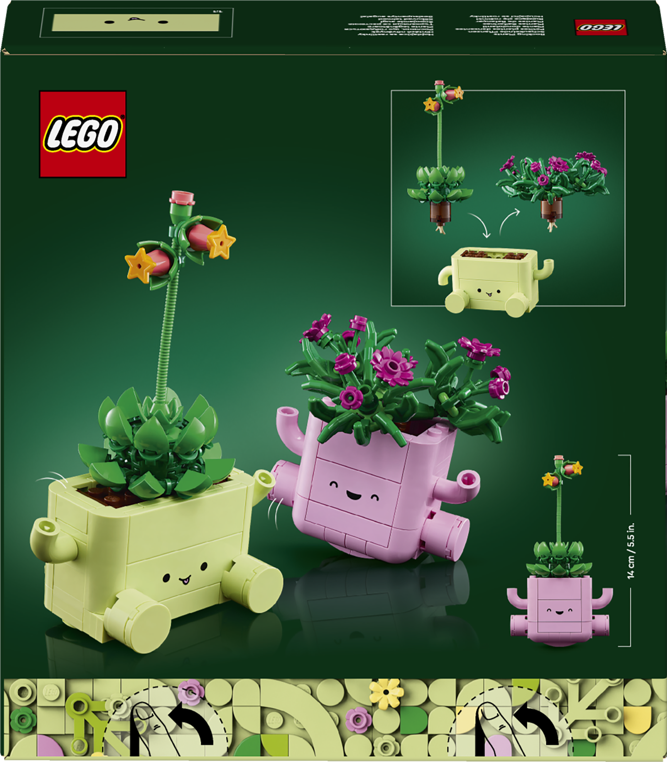 Zwei LEGO-Pflanzen in niedlichen Behältern, eine grüne mit gelben Sternen, eine pinke mit rosa Blüten.