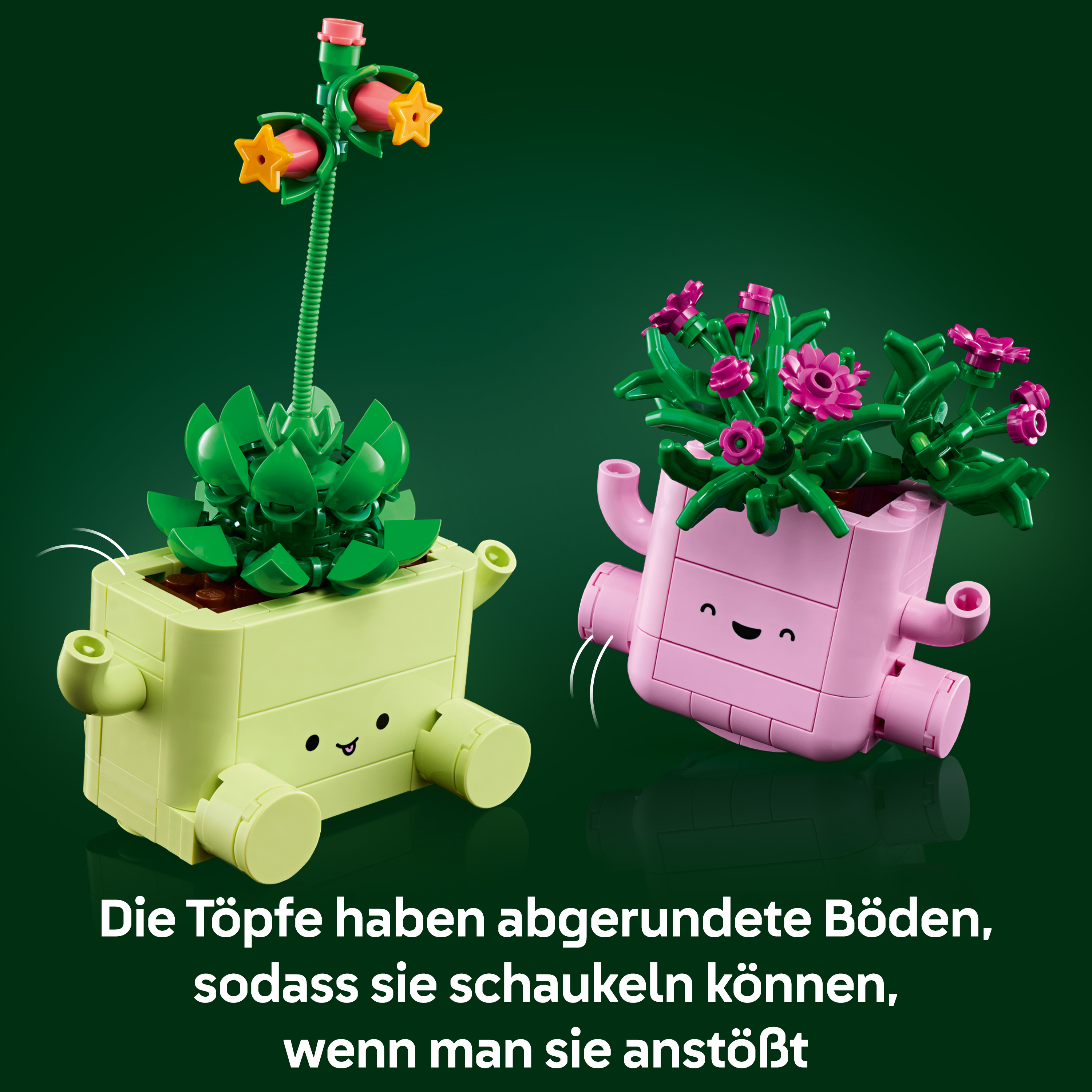 Zwei bunte Lego-Blumentöpfe mit Gesichtern und Pflanzen.