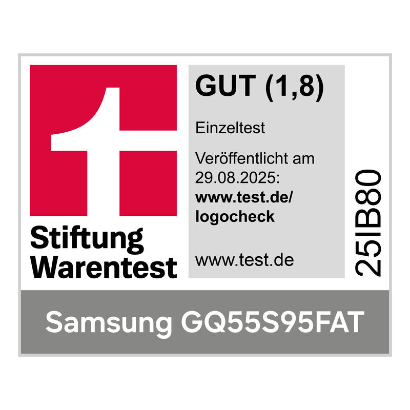 Stiftung Warentest Siegel: 'GUT (1,8)' für Samsung GQ55S95FAT TV. Datum: 29.08.2025.