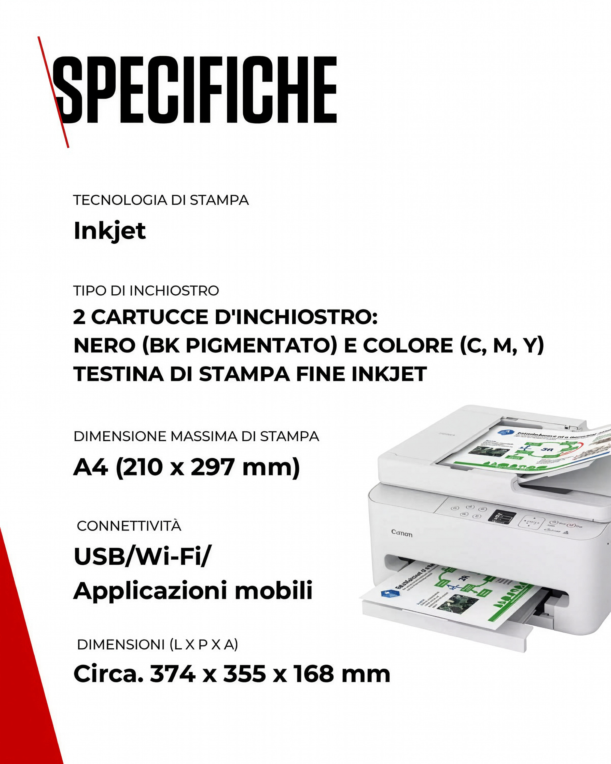 Una stampante Canon bianca con carta in uscita. Specifiche elencate.