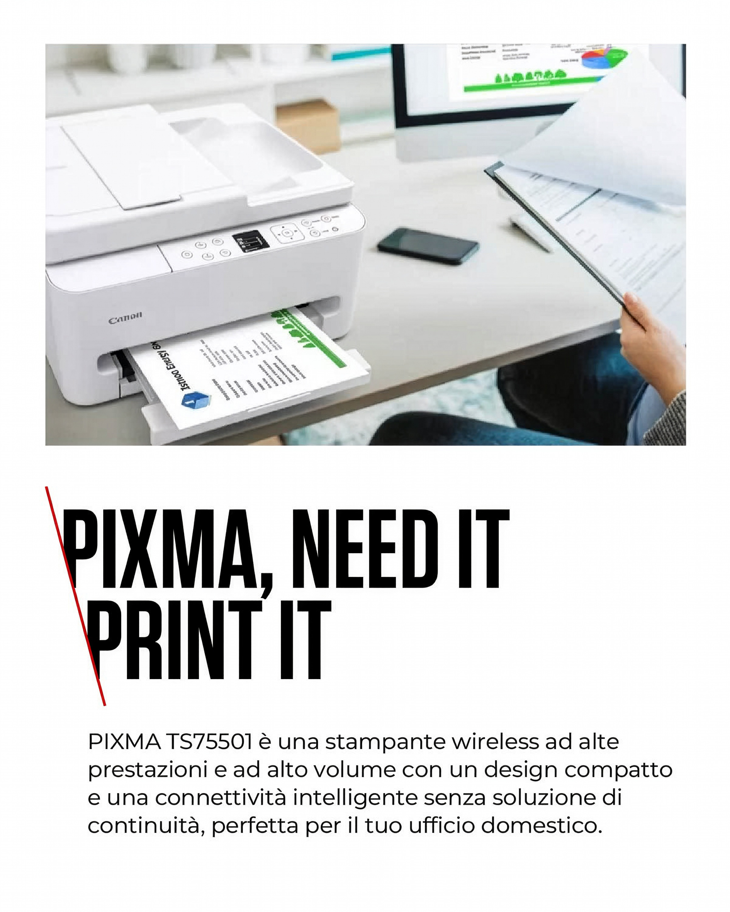 Una stampante Canon bianca stampa un foglio, accanto a un monitor e un telefono.