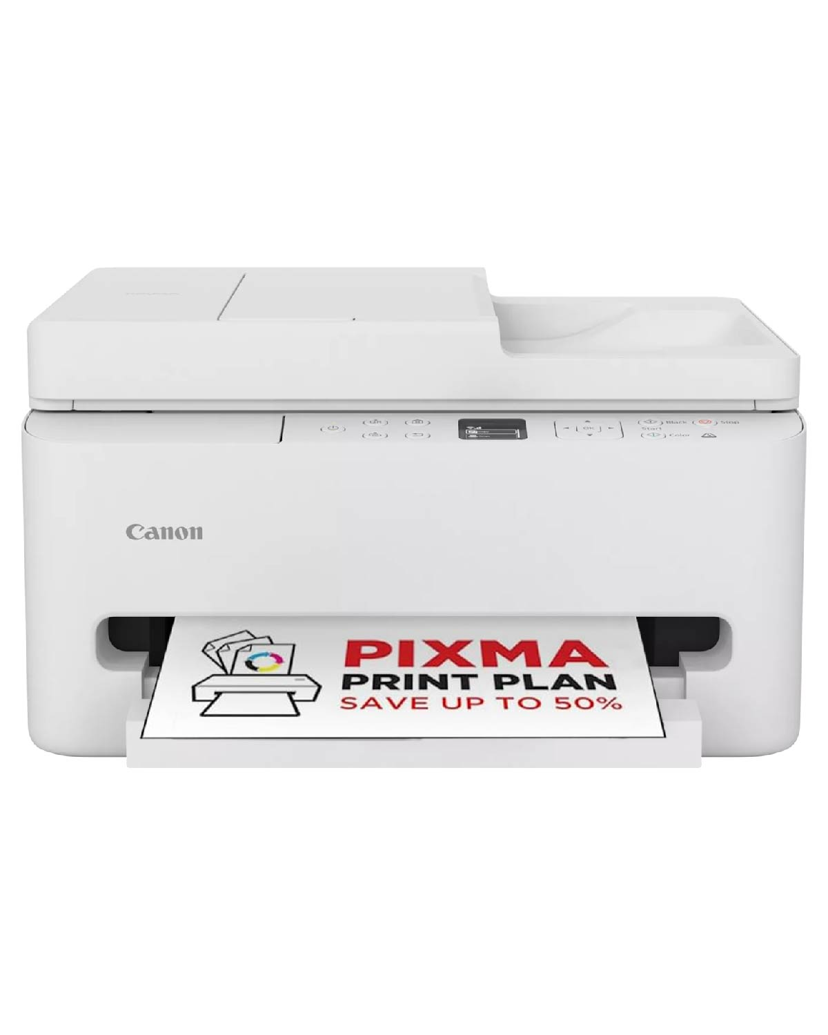 Una stampante Canon Pixma bianca stampa un foglio con scritto 'Print Plan Save up to 50%'.