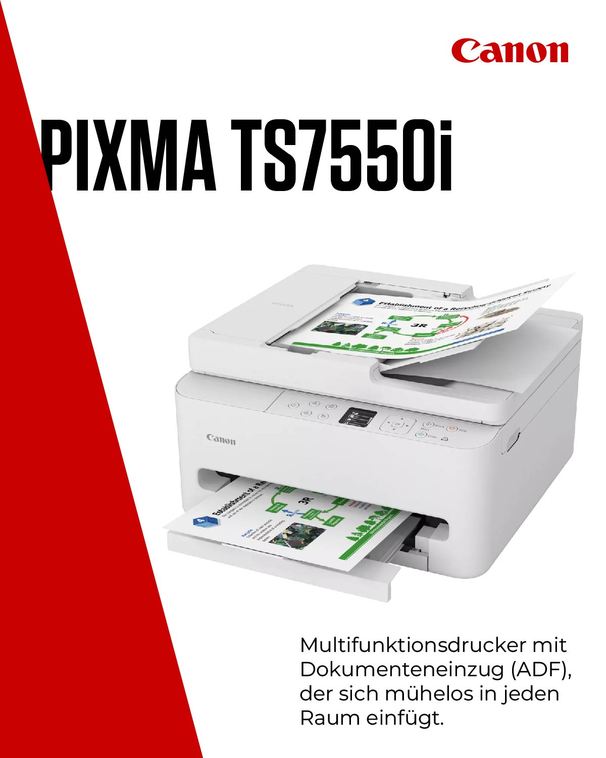 Weißer Canon Pixma TS7550i Drucker mit Dokumenten im Einzug.