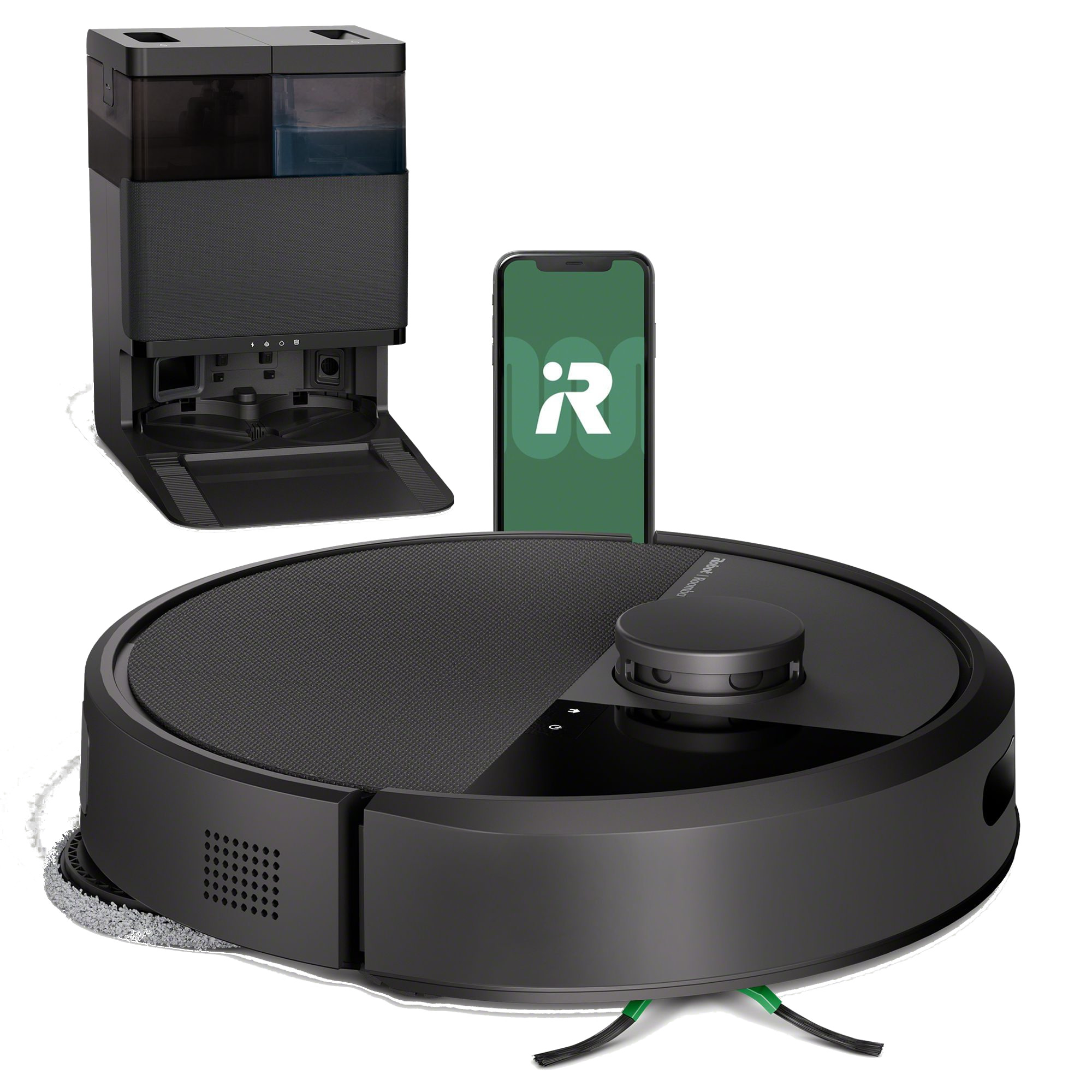 Czarny robot sprzątający ze stacją dokującą i smartfonem.