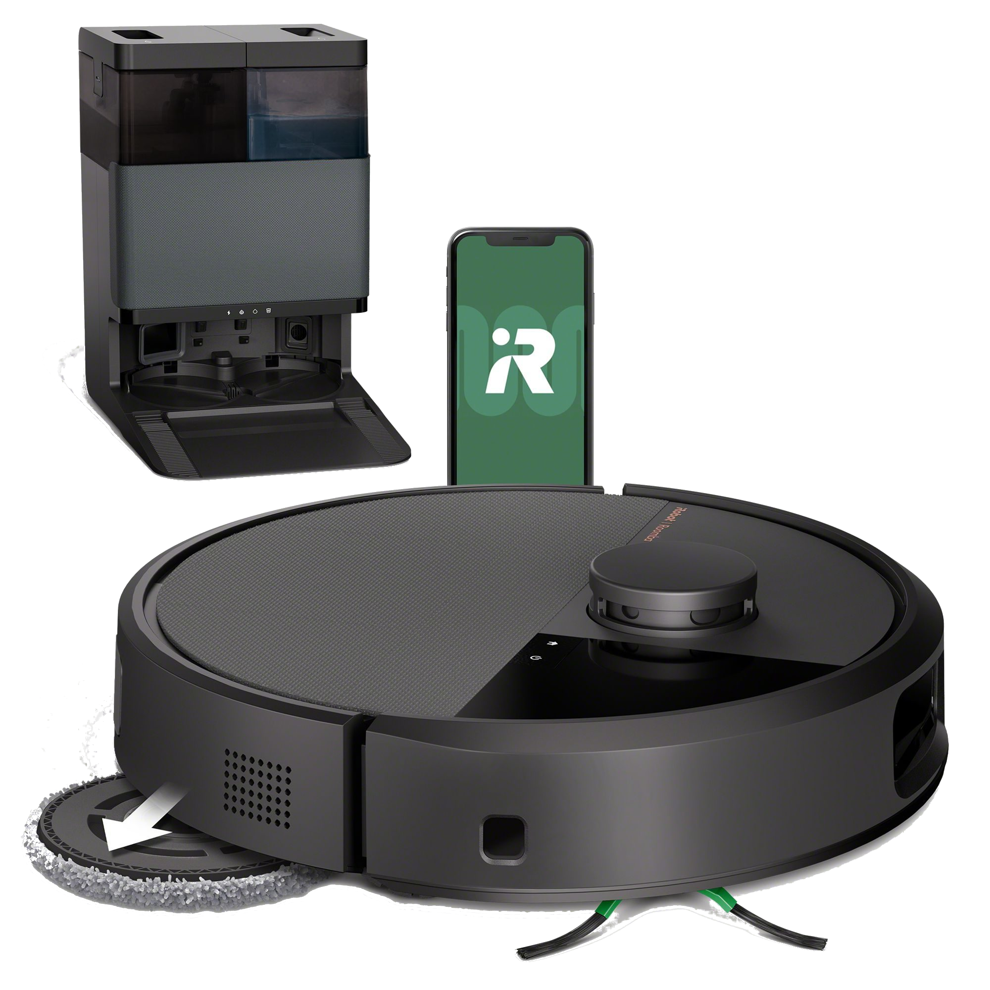 Czarny robot sprzątający ze stacją ładującą i smartfonem.
