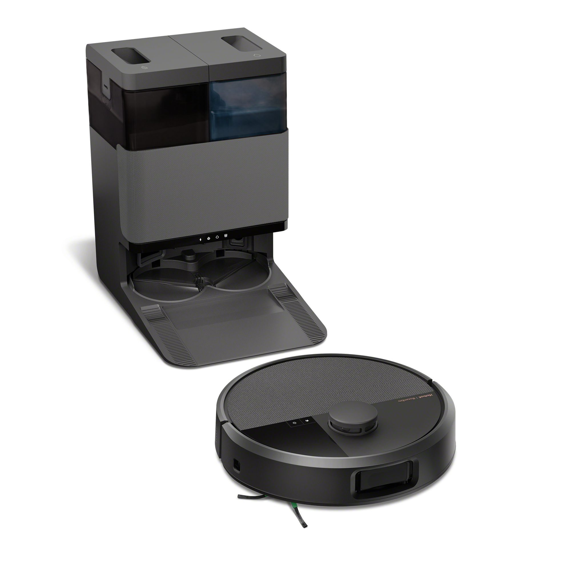 Szary robot sprzątający i jego stacja ładująca ze zbiornikiem na wodę.