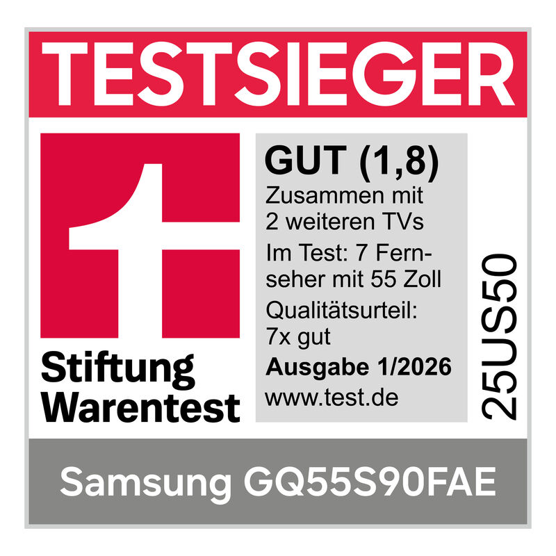 Testsieger: Samsung GQ55S90FAE mit GUT (1,8) von Stiftung Warentest.