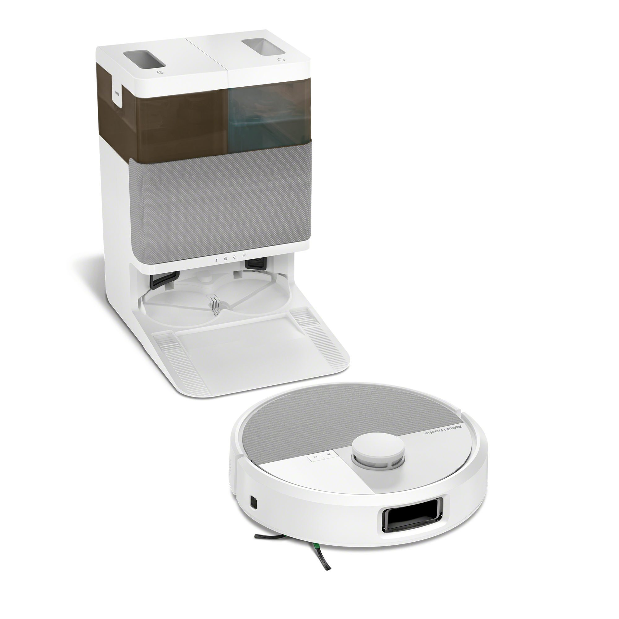 Biały i szary robot sprzątający i jego stacja dokująca z brązowym zbiornikiem na wodę.