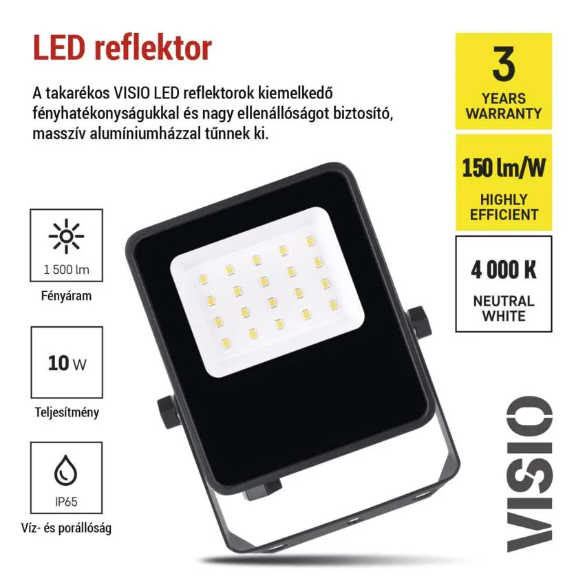 Fekete LED reflektor 1500 lm, 10 W, IP65 és 4000 K, természetes fehér.