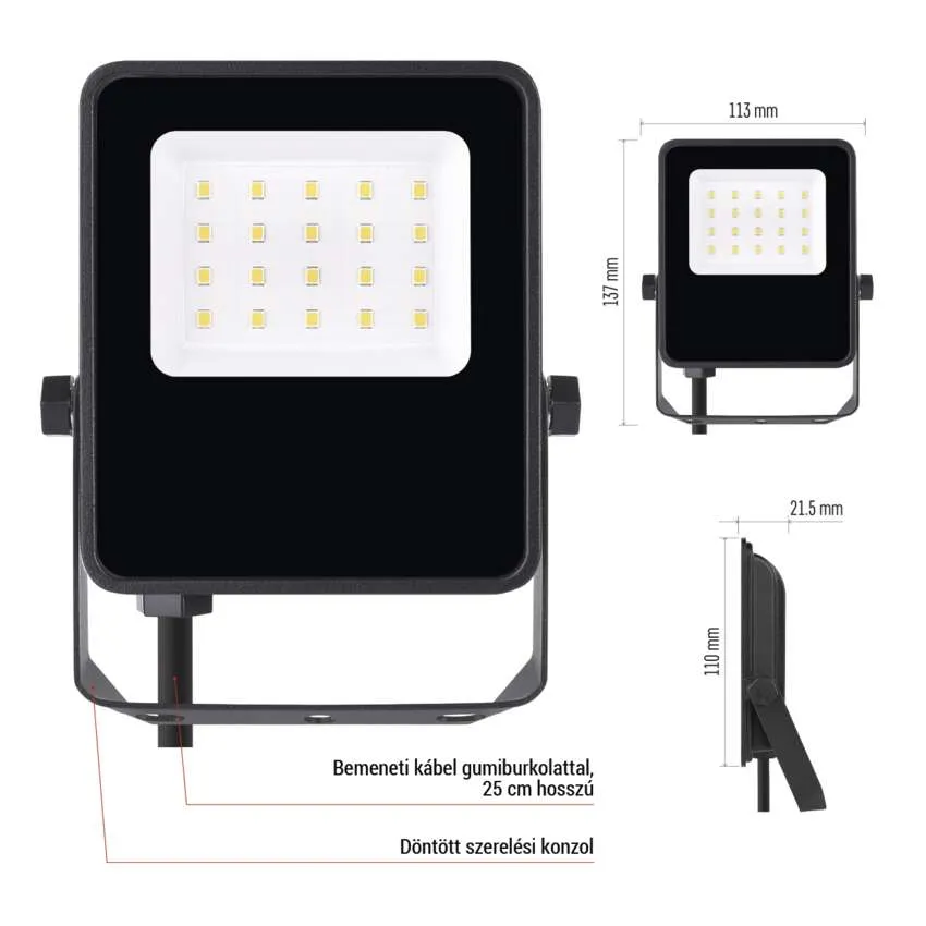 Fekete LED-es reflektor állítható tartóval és kábellel. Méretek: 113x137x21,5 mm.