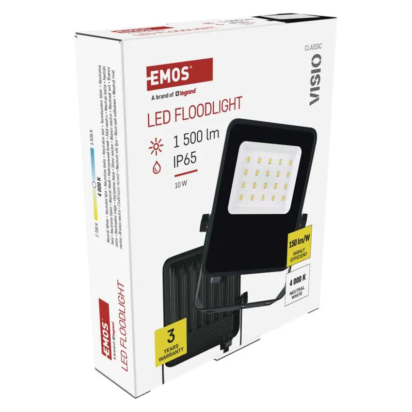 Fekete LED-es reflektor csomagolása, 1500 lm, IP65, 10 W, 3 év garanciával.