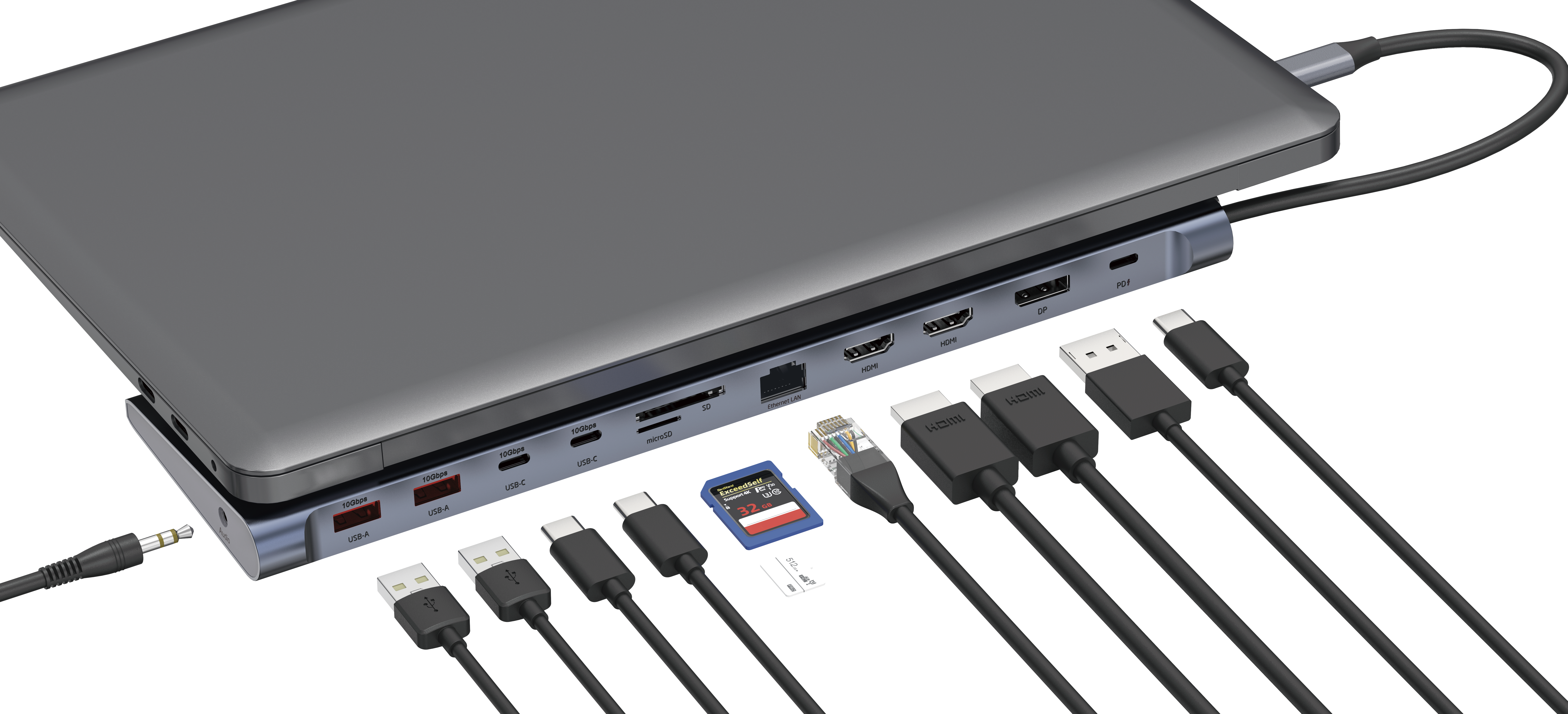 Ein Laptop-Dock mit vielen Anschlüssen, darunter USB-C, HDMI und SD-Karte.
