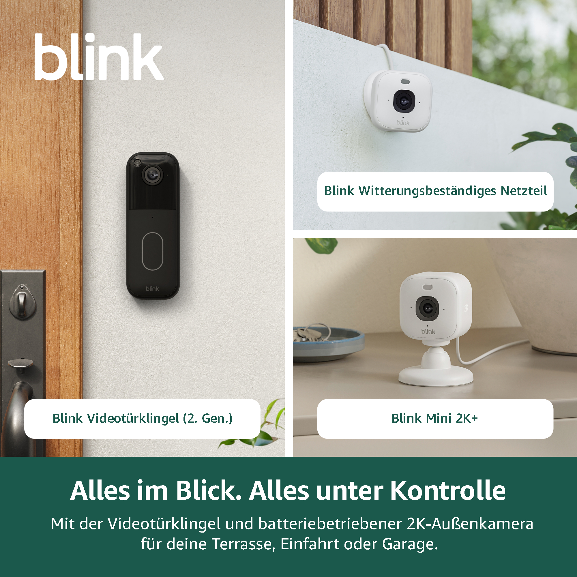 Blink Türklingel, Außenkamera und Netzteil auf weißem Hintergrund.