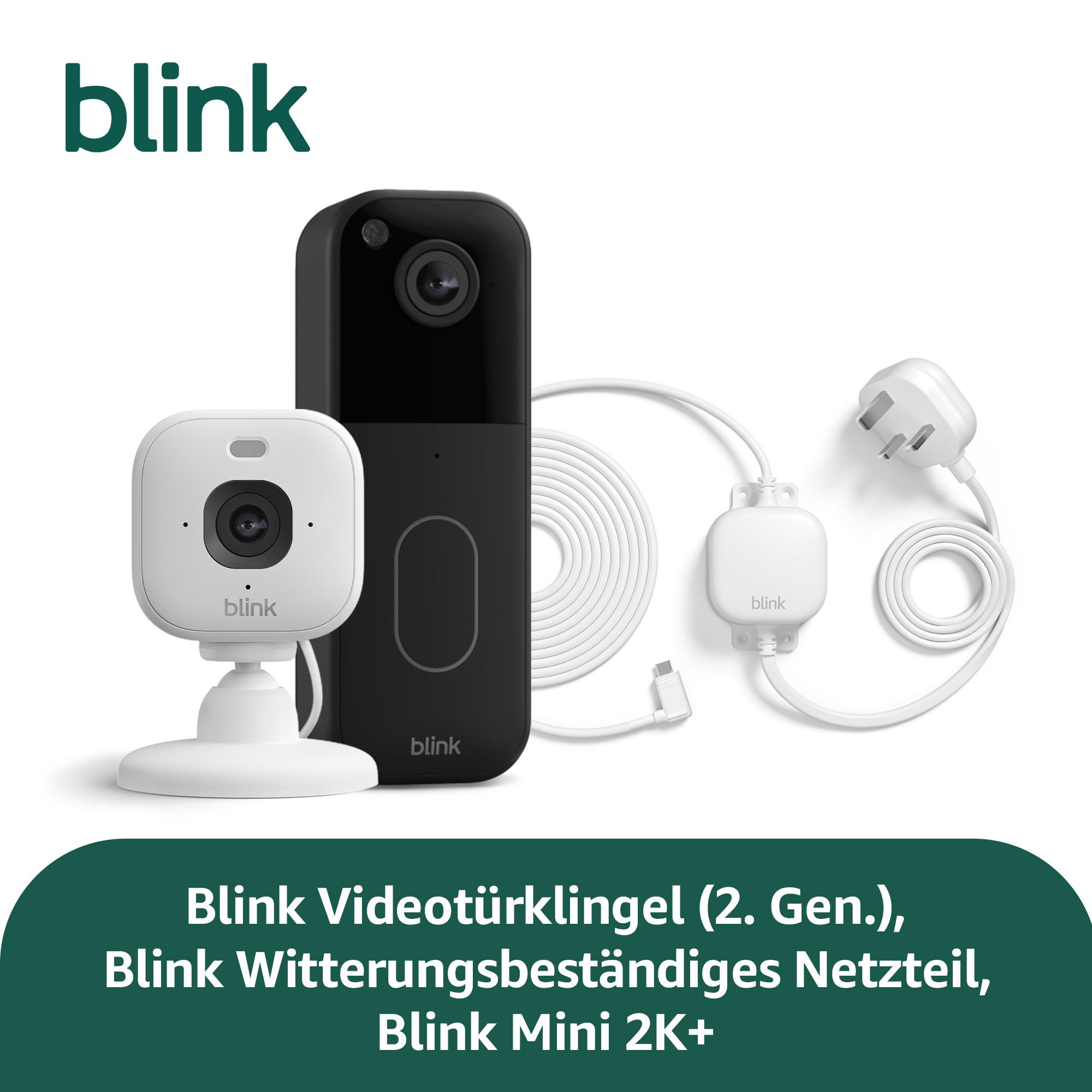 Blink Videotürklingel, Netzteil und Mini 2K+ Kamera auf weißem Hintergrund.