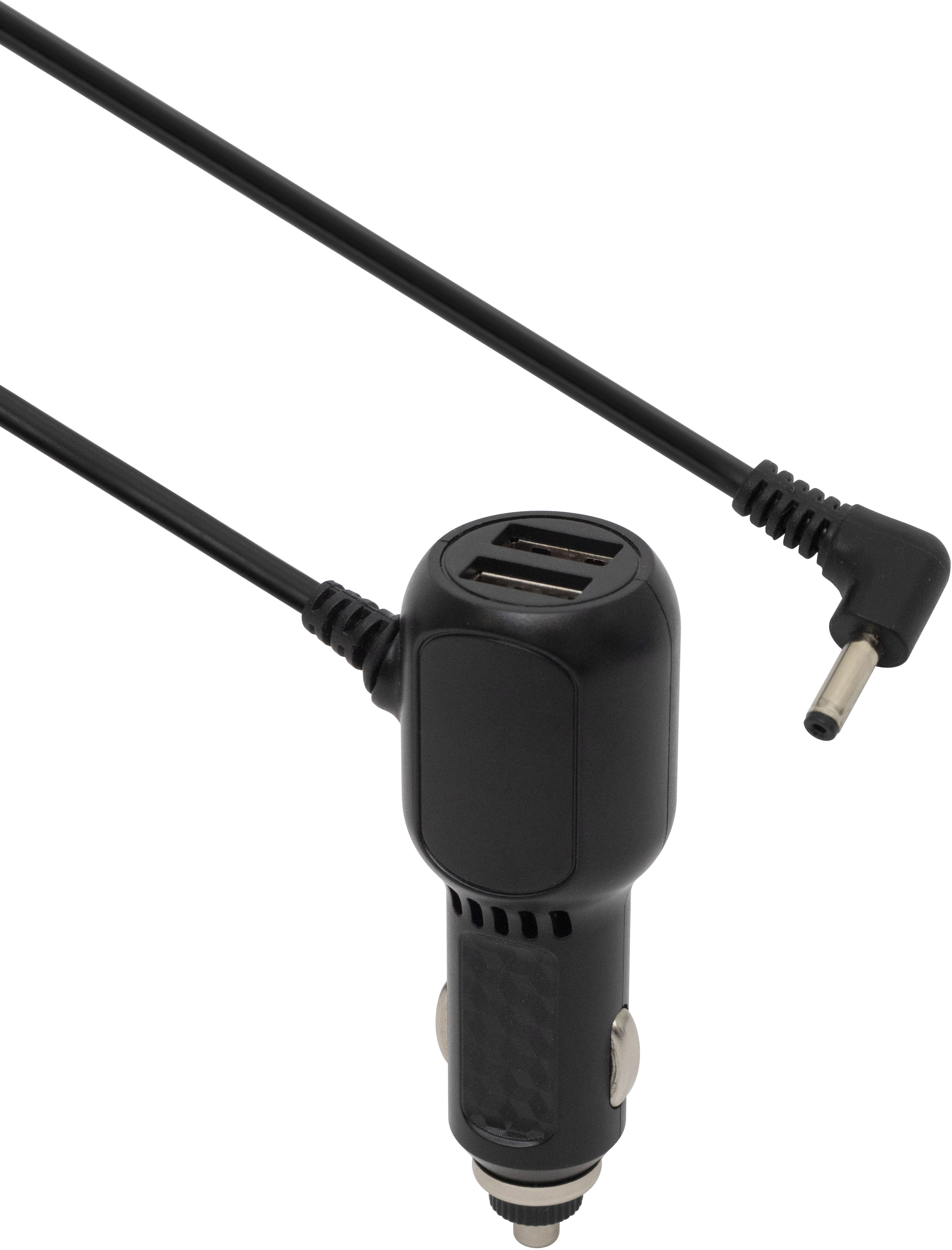 Fekete autós USB-adapter két porttal és szögletes csatlakozóval.