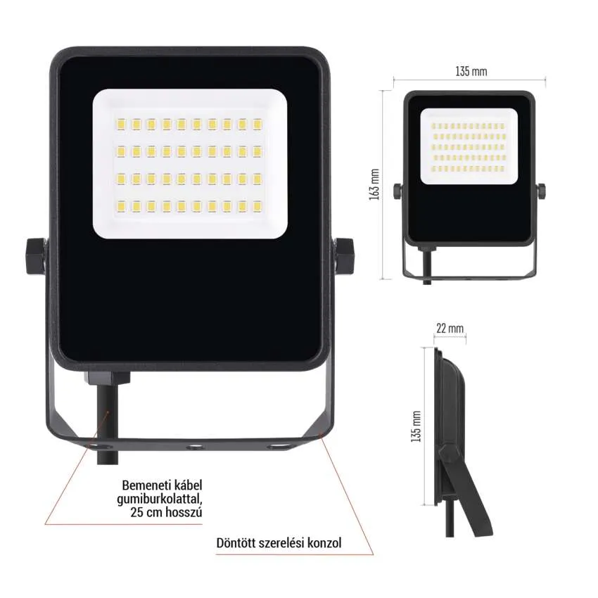 Fekete LED-reflektor, 163x135x22mm, 25cm-es kábellel.
