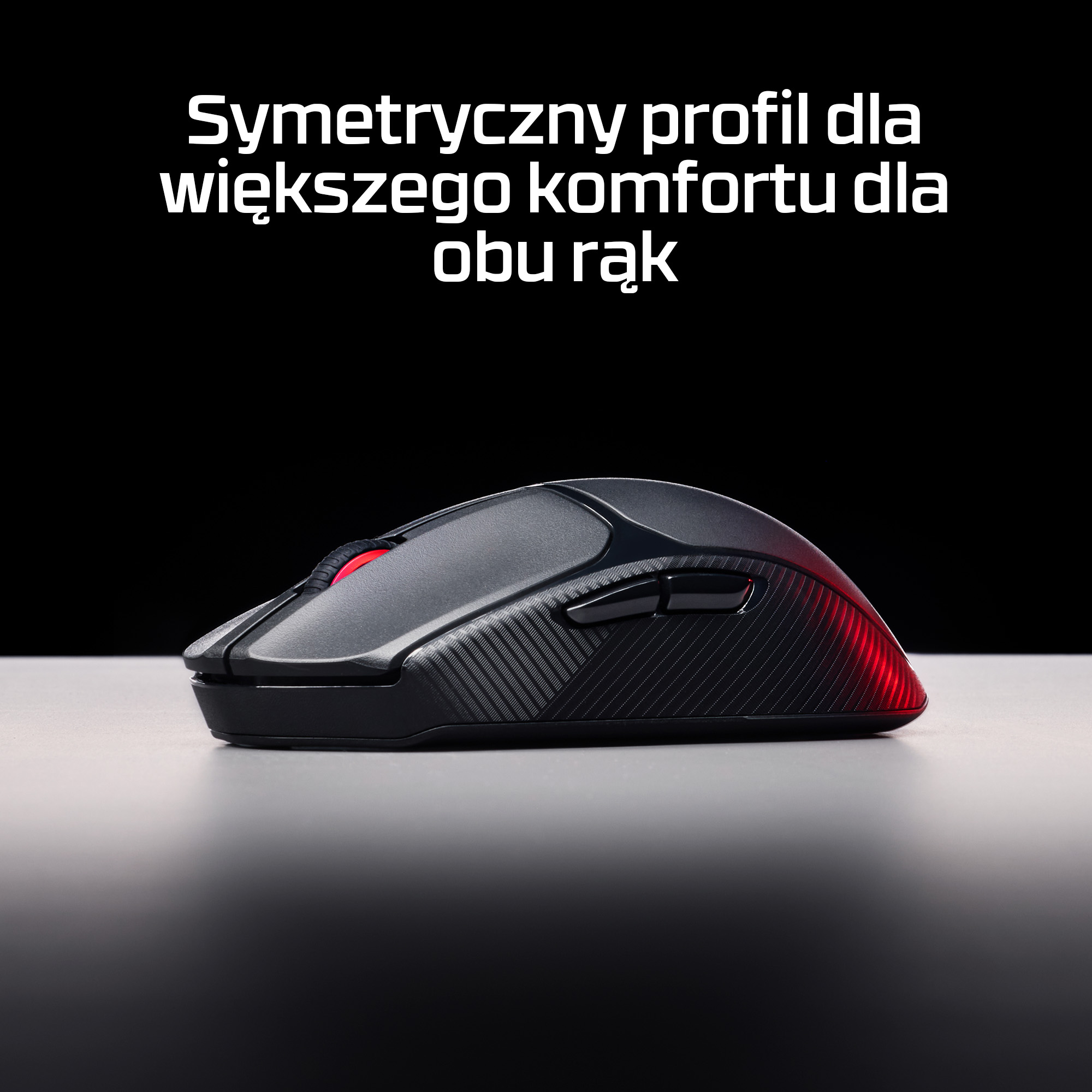 Czarna mysz komputerowa z czerwonym kółkiem i podświetleniem na szarej powierzchni.