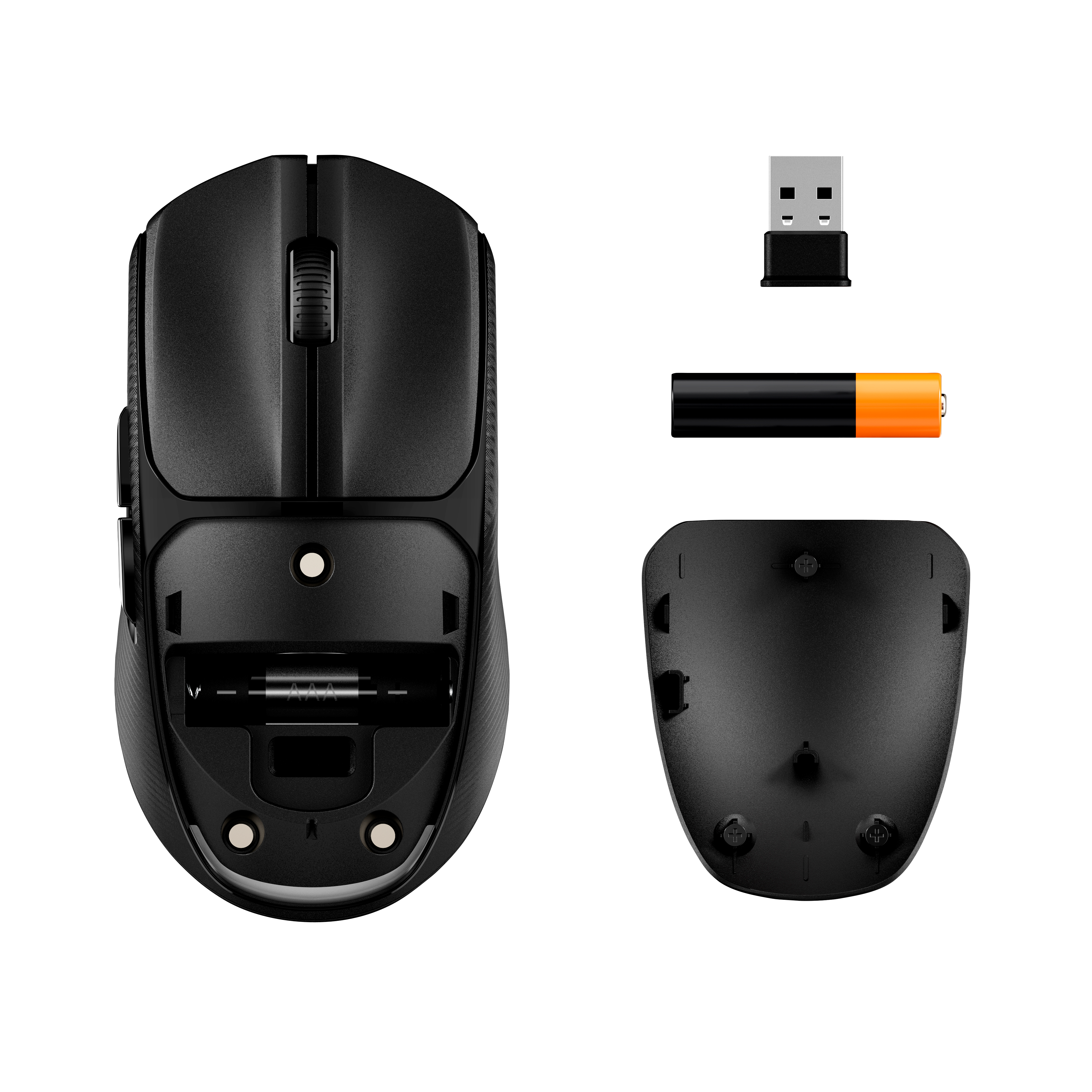 Czarna mysz komputerowa, klucz USB i bateria AAA na czarnym tle.