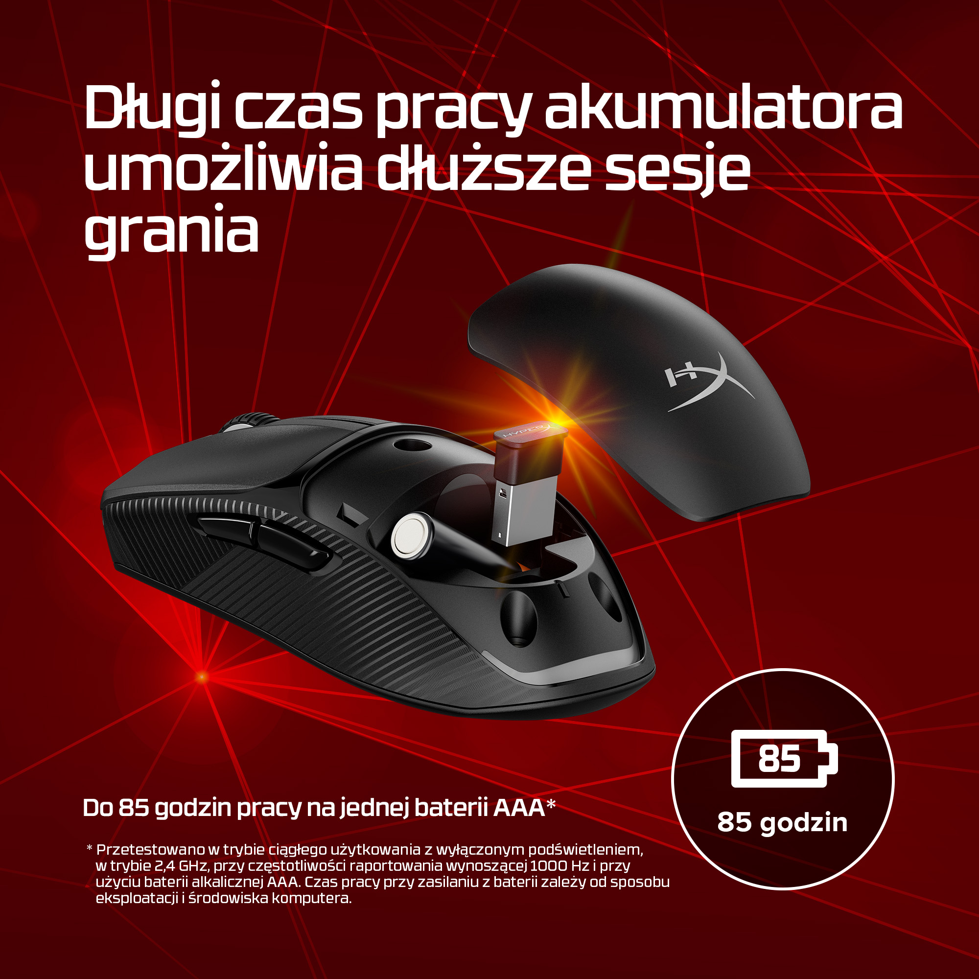 Czarna mysz gamingowa z donglem i stacją ładującą/przechowywania.