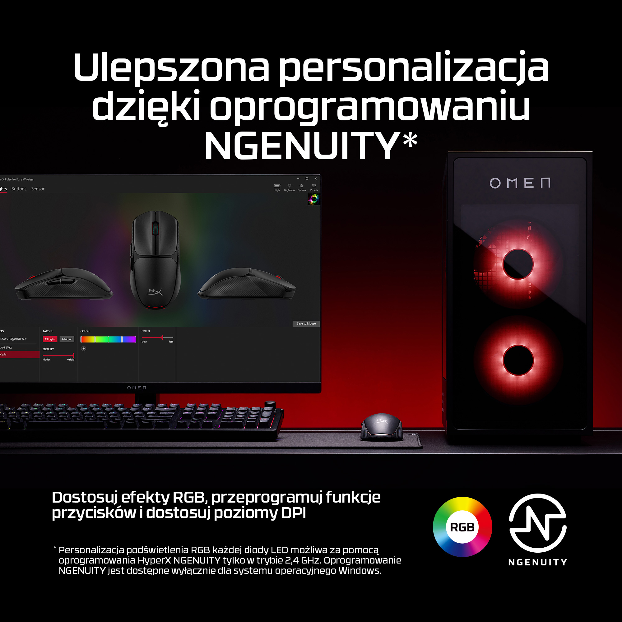 Komputer gamingowy z wentylatorami RGB, mysz i monitor z ustawieniami oprogramowania.