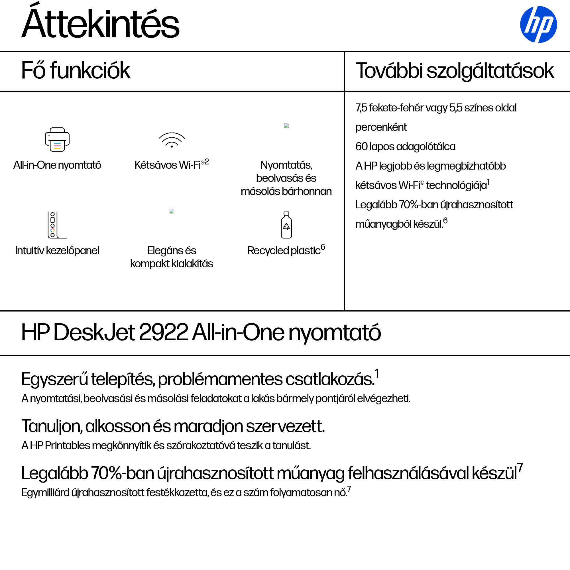 HP nyomtató: All-in-One, Wi-Fi, 7,5 ppm, 60 lapos adagoló, újrahasznosított.