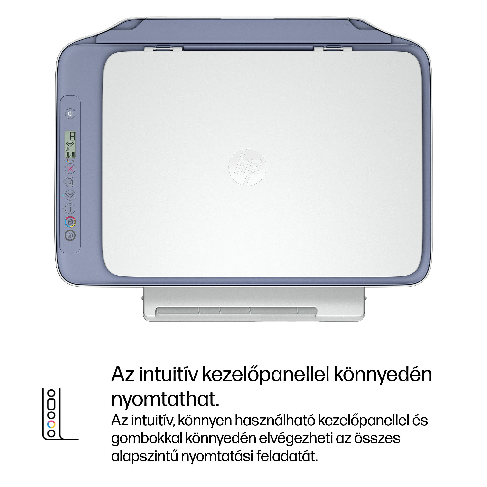 Egy kék és fehér HP nyomtató kezelőpanellel és HP logóval a fedélen.
