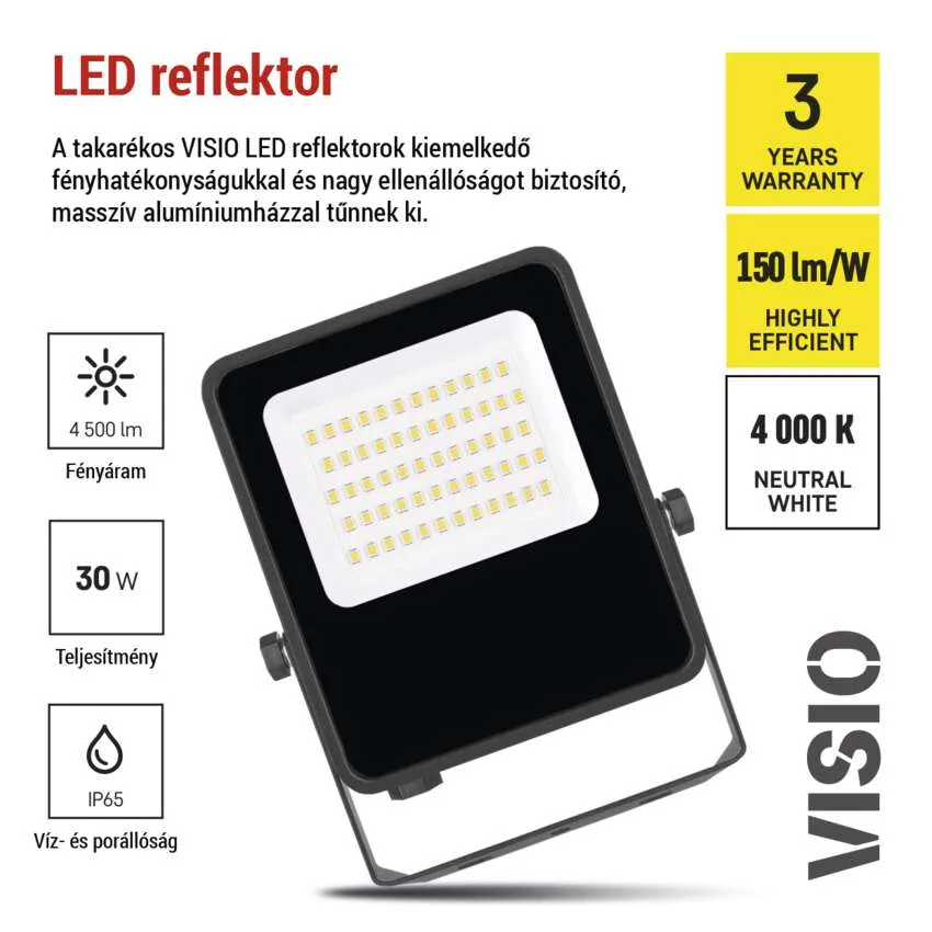 Fekete LED reflektor részletes specifikációkkal: 4500 lm, 30W, IP65, 150 lm/W, 4000K semleges fehér.