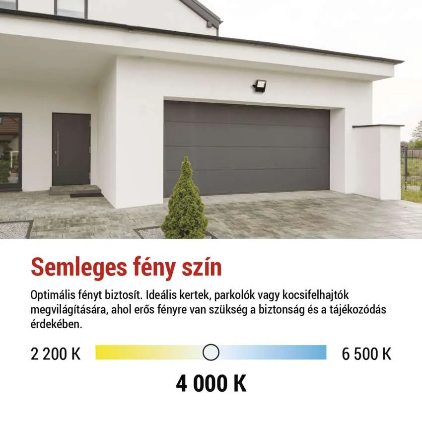 Modern ház sötét garázskapuval és ajtóval. Egy kis fa van elöl.