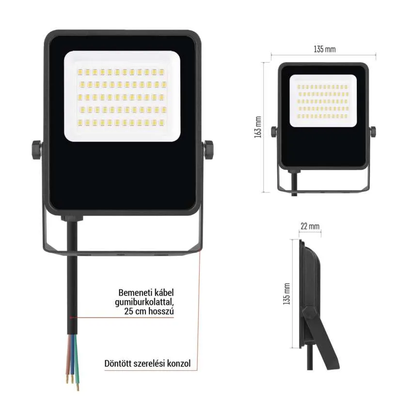 LED-es reflektor, 135x163mm, 22mm mély, kábellel és tartóval.