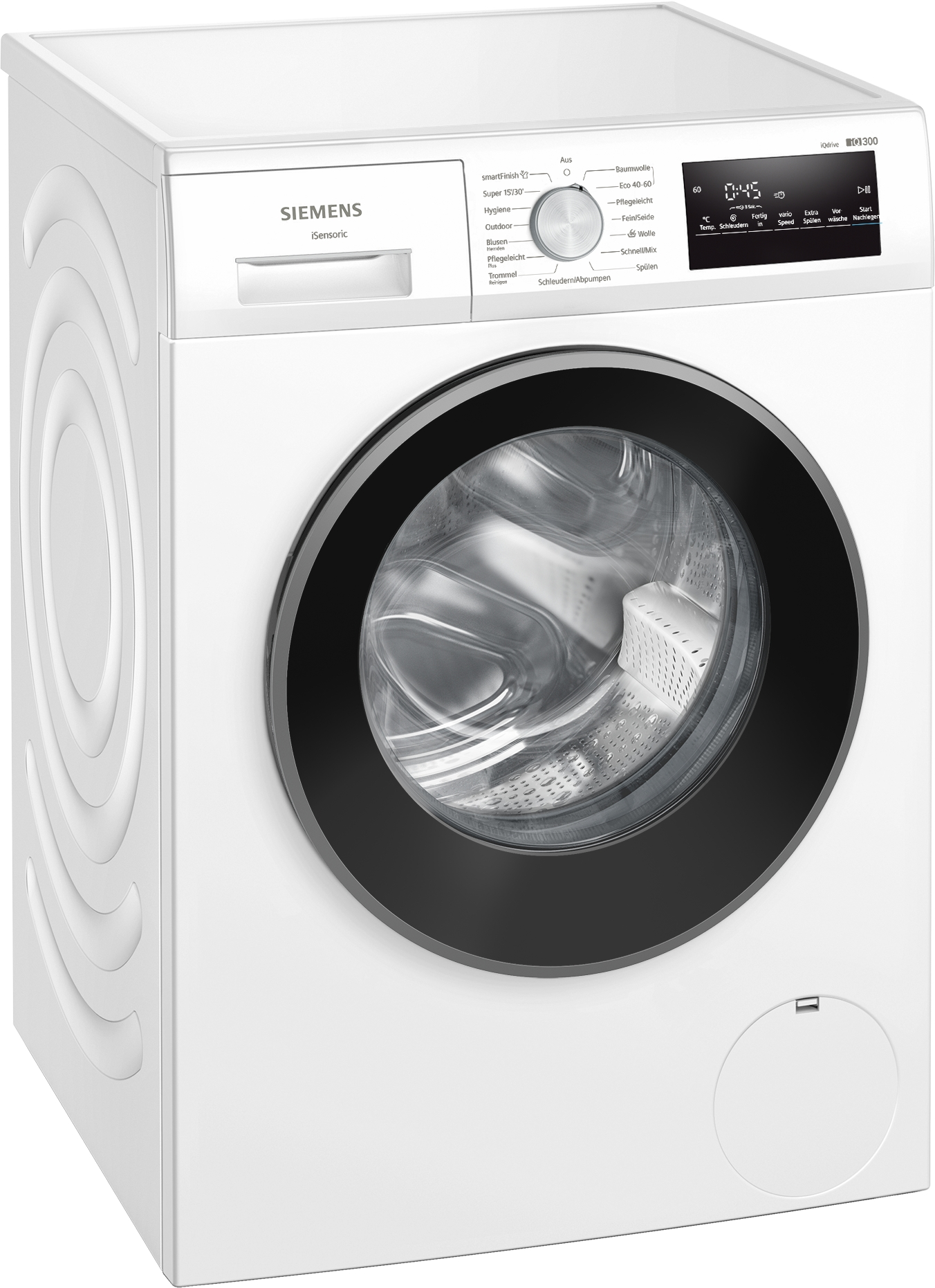 Vorderansicht einer weißen Siemens iQdrive 300 Waschmaschine mit schwarzer Tür.