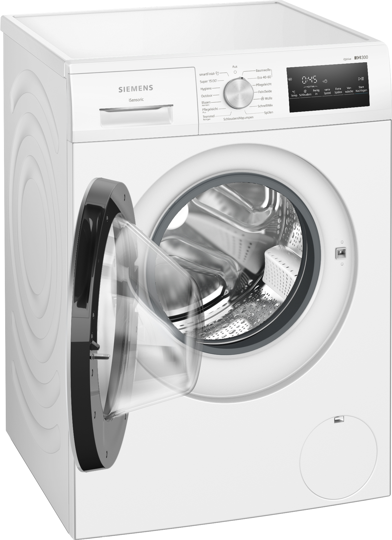 Eine weiße Siemens Waschmaschine mit geöffneter Tür und digitaler Anzeige.